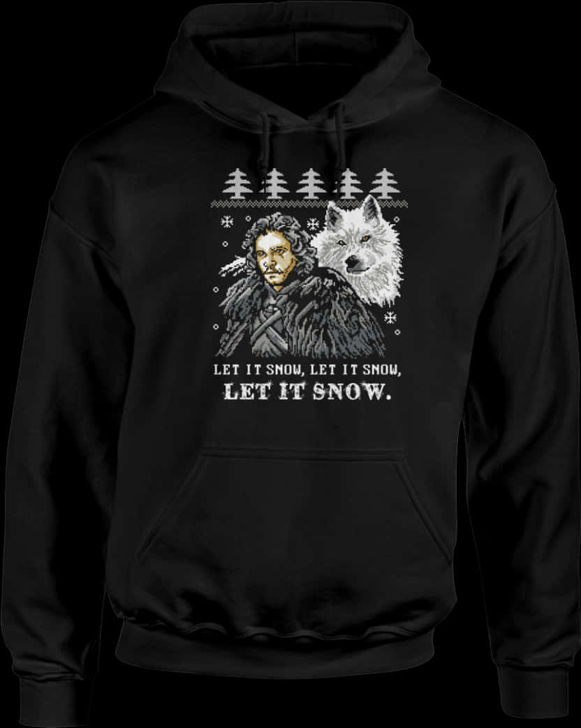 Hoodie Nyeusi yenye Mandhari ya Majira ya Baridi na Chapa ya Picha Picha ya Ukuta