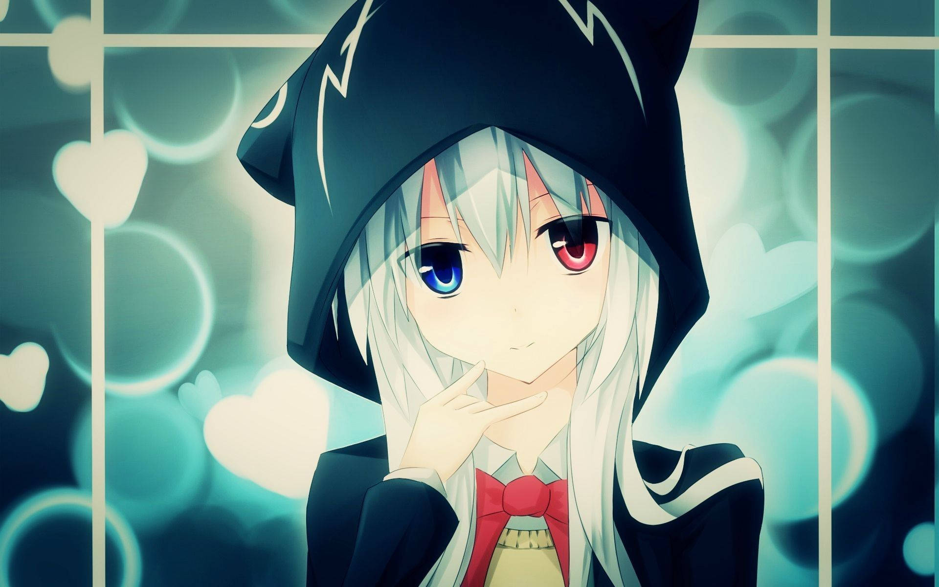 Hoodie ya Msichana wa Anime Mwenye Macho Nyekundu na Bluu Picha ya Ukuta