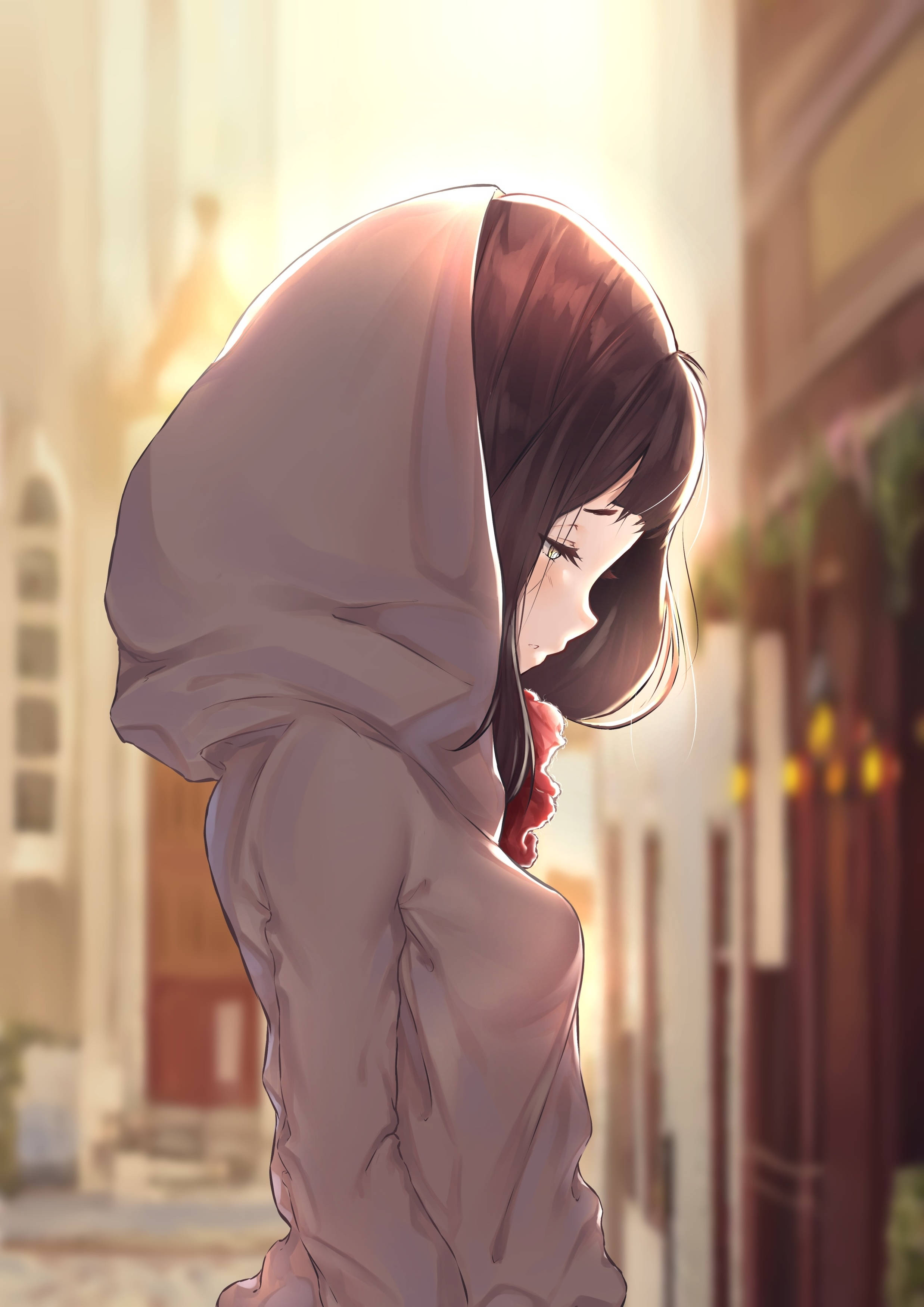 Hoodie ya Msichana wa Anime Mwenye Upweke Picha ya Ukuta