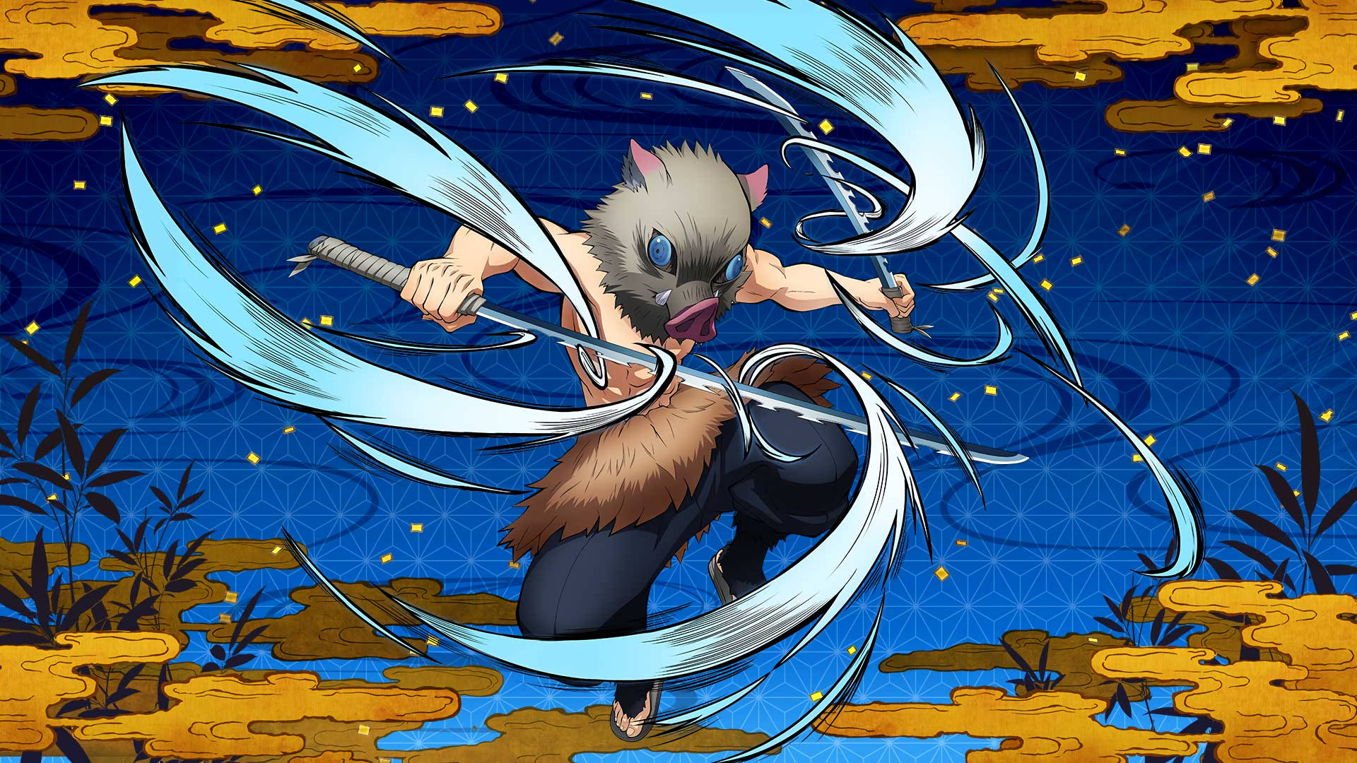 Inosuke wa Demon Slayer Aki na Mviringo wa Maji kwenye Panga Zake Picha ya Ukuta
