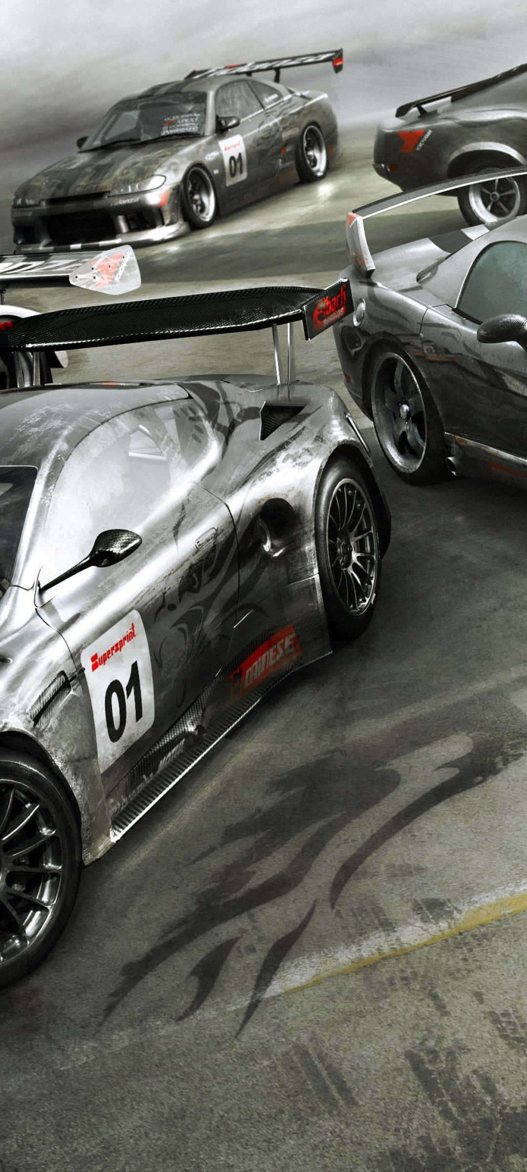 iPhone X Grid Autosport Mandhari ya Drifting Smoke Picha ya Ukuta