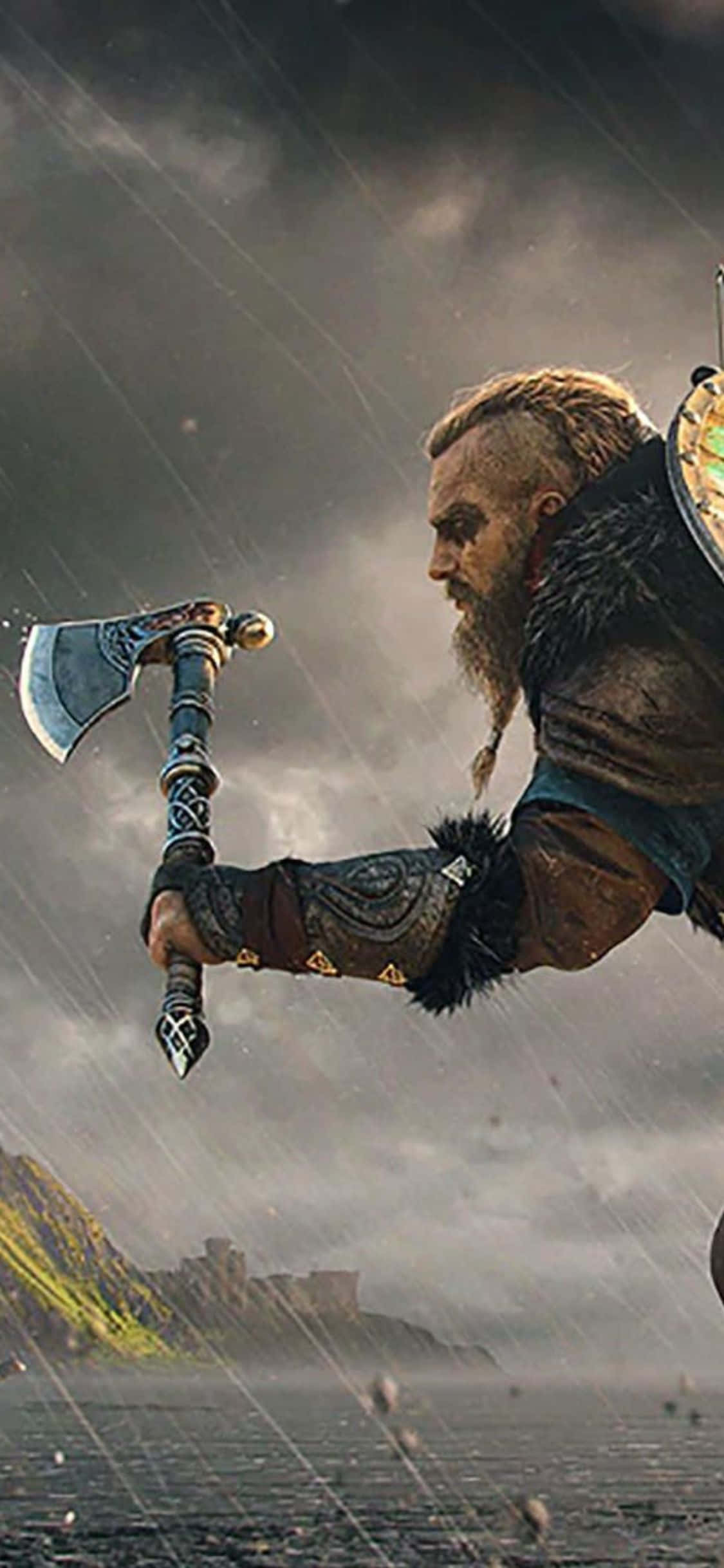 iPhone Xs Assassin's Creed Valhalla Viking Warrior Katika Mwanga Background Picha ya Ukuta
