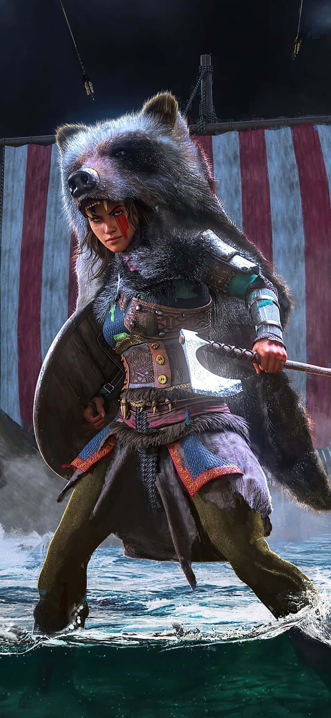 iPhone Xs Assassin's Creed Valhalla Mwanamke Viking Kofia ya Dubu Mandhari Picha ya Ukuta