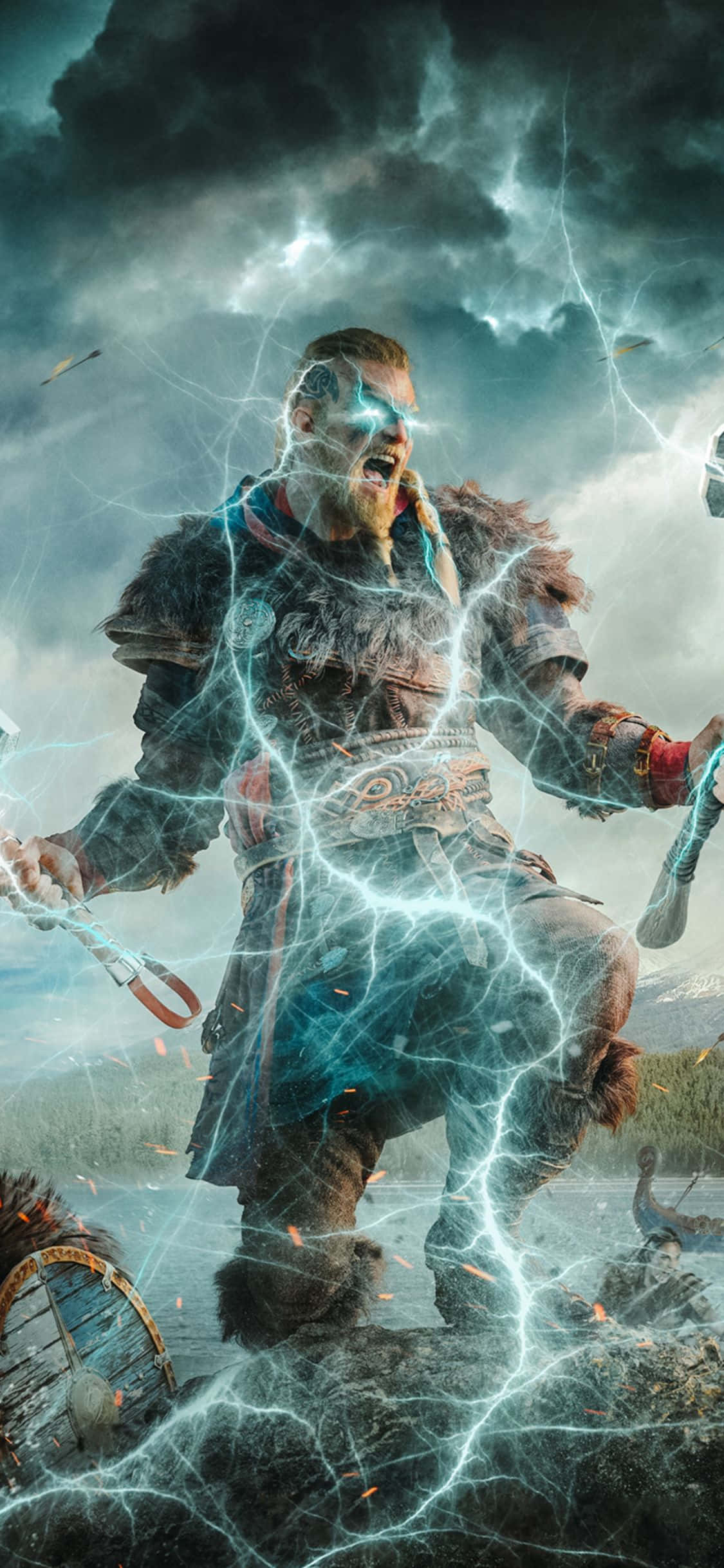 iPhone Xs Assassin's Creed Valhalla Eivor Lightning Effect Background Picha ya Ukuta