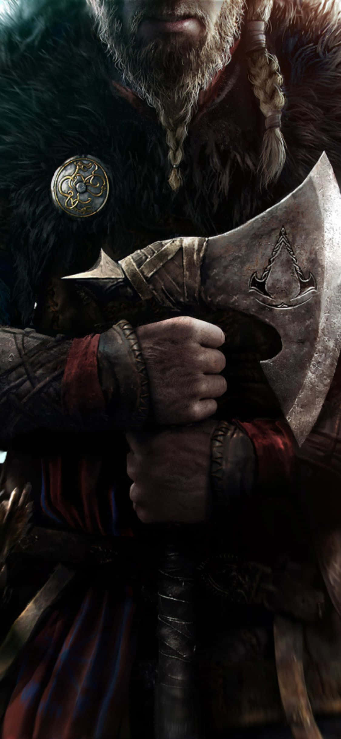 iPhone Xs Assassin's Creed Valhalla Viking Warrior Holding An Axe Background Picha ya Ukuta