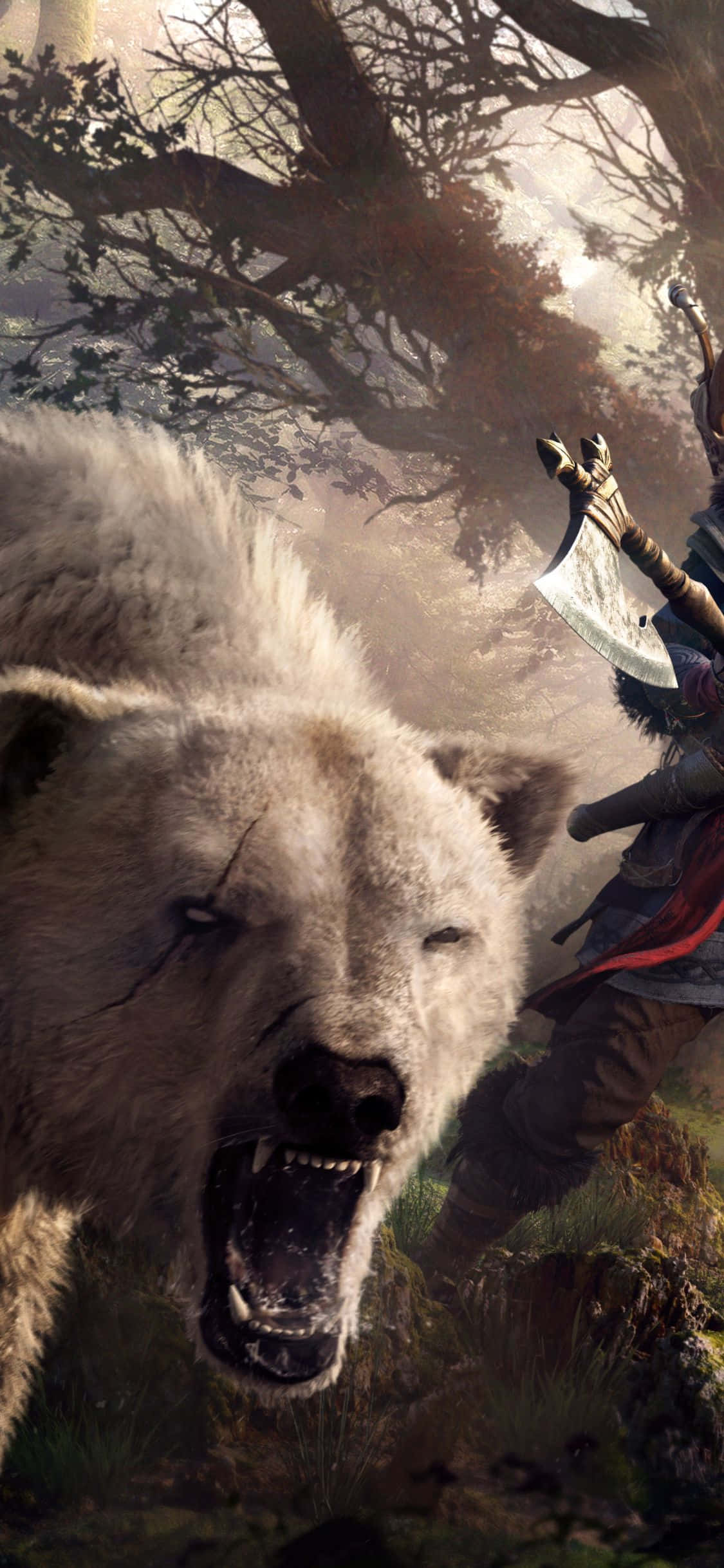 iPhone Xs Assassin's Creed Valhalla White Bear Roaring Background Picha ya Ukuta