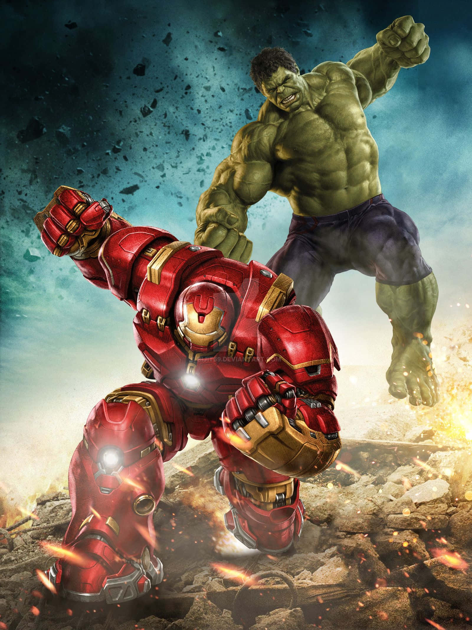 Iron Man na Hulk wakati wa vita vya kushtukia Picha ya Ukuta