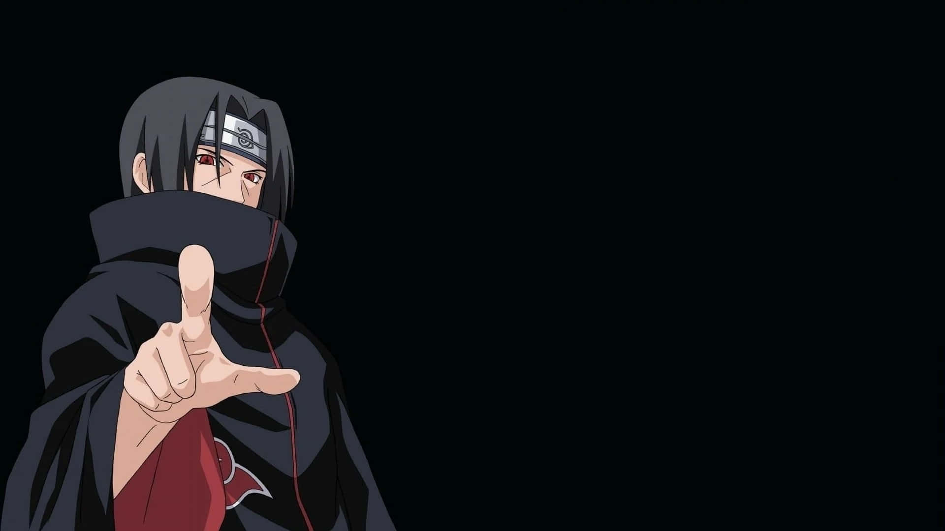 Itachi Aesthetic Akielekeza Kidole cha Shahada Mbele kwenye Mandhari Nyeusi Picha ya Ukuta