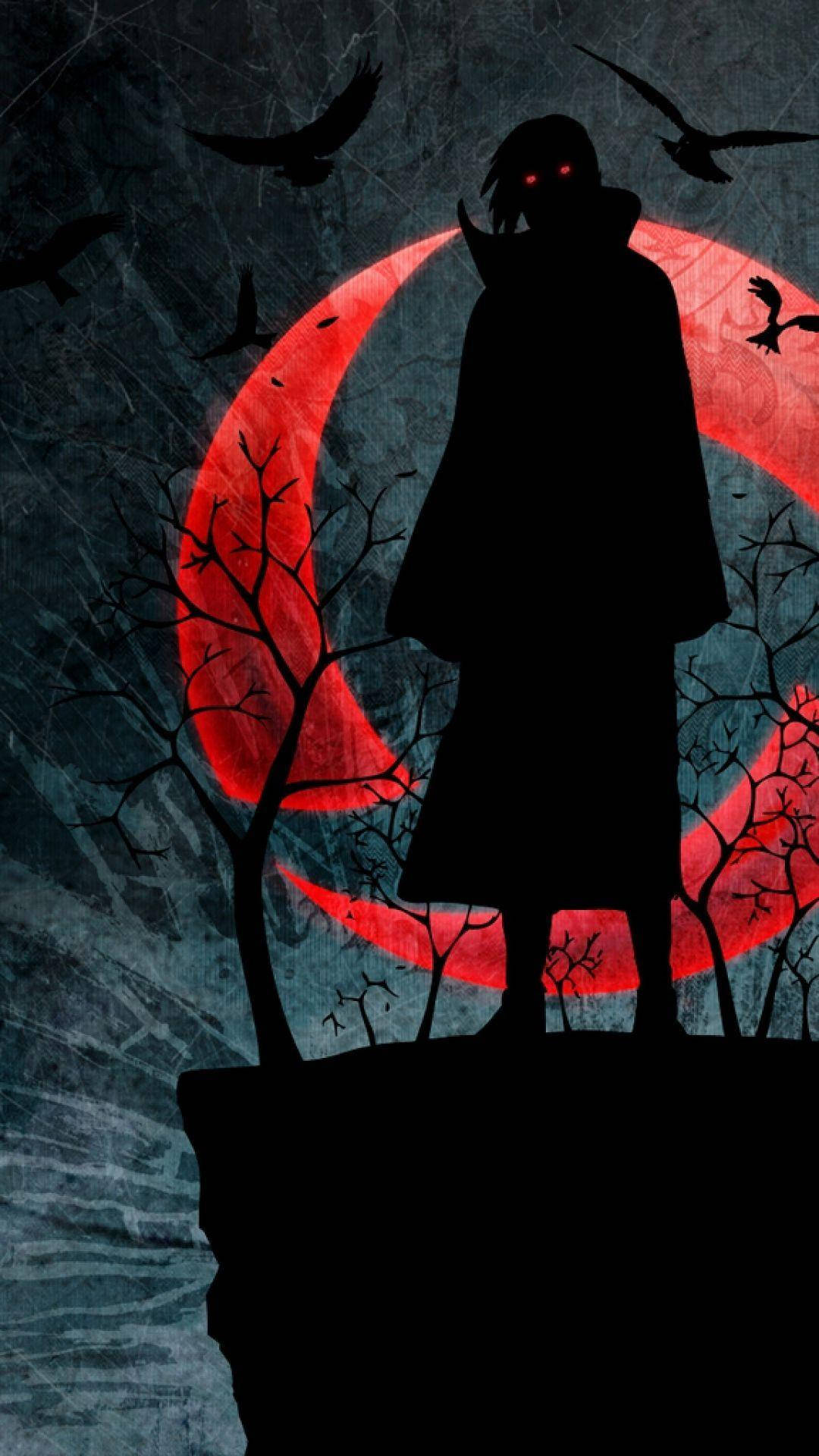 Itachi Uchiha wa ajabu chini ya mwezi mwekundu wa kutisha. Picha ya Ukuta