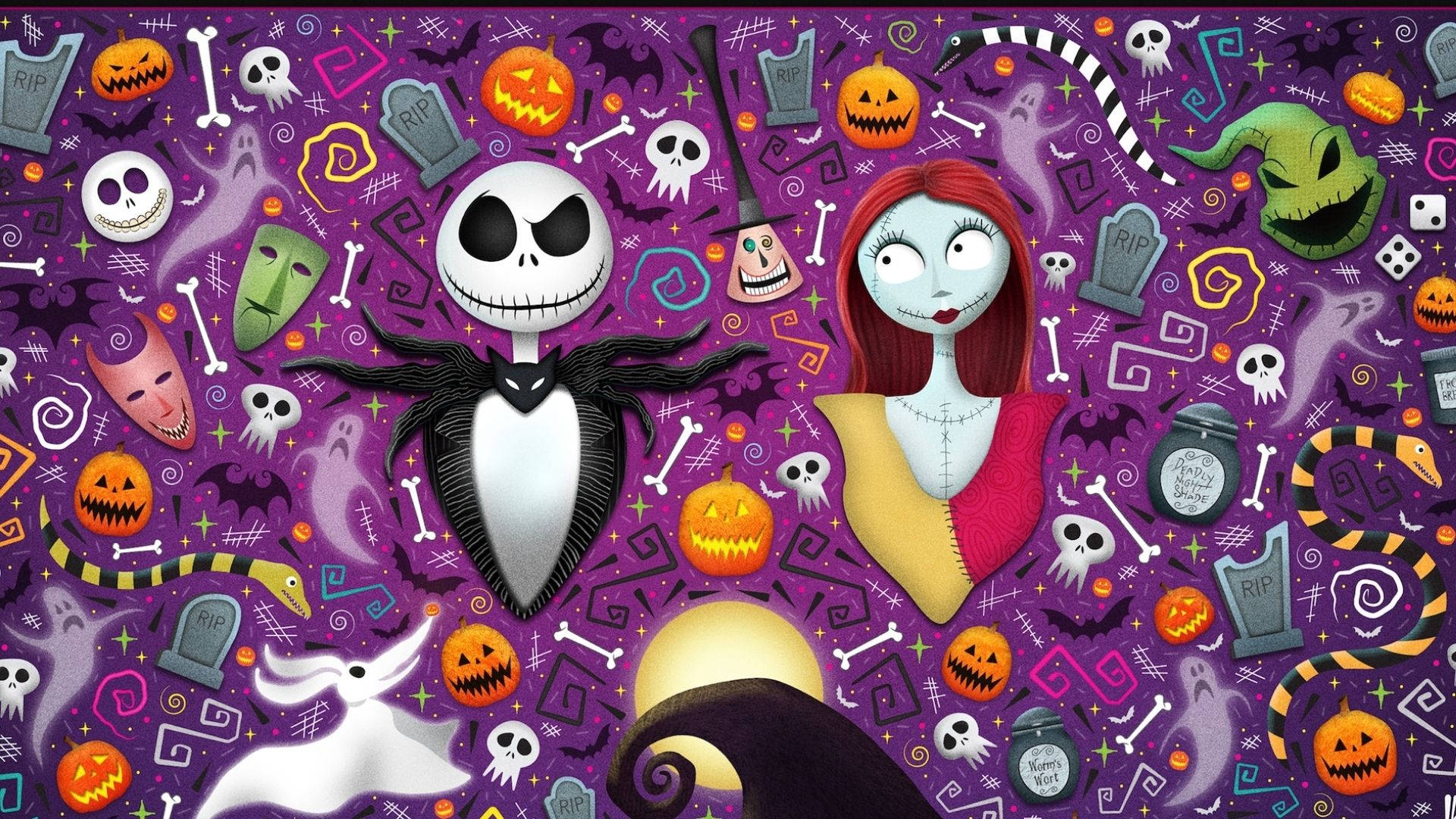 Jack Skellington na Sally wa Katuni za Halloween Picha ya Ukuta