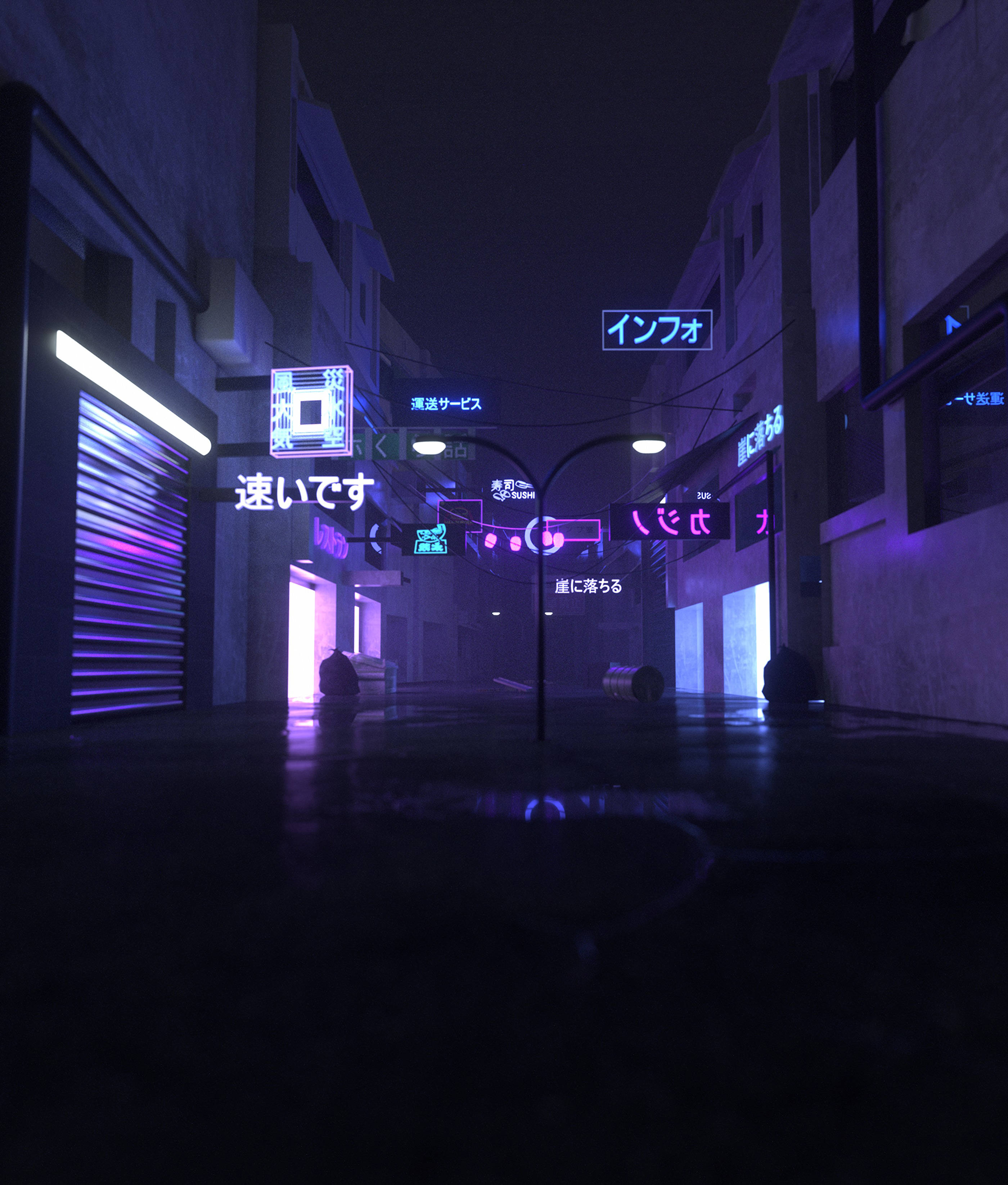 Japan Alley Neon City Picha ya Ukuta