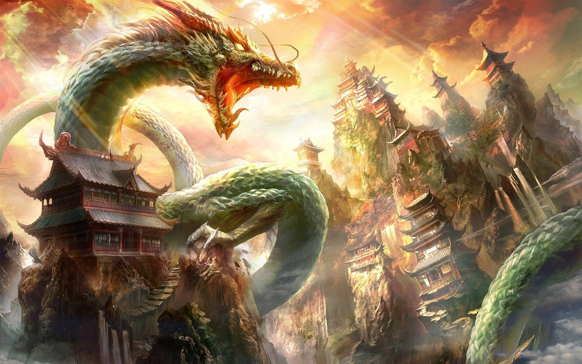 Japoniar Dragoni PC Juu ya Mabehema na Mlima Picha ya Ukuta