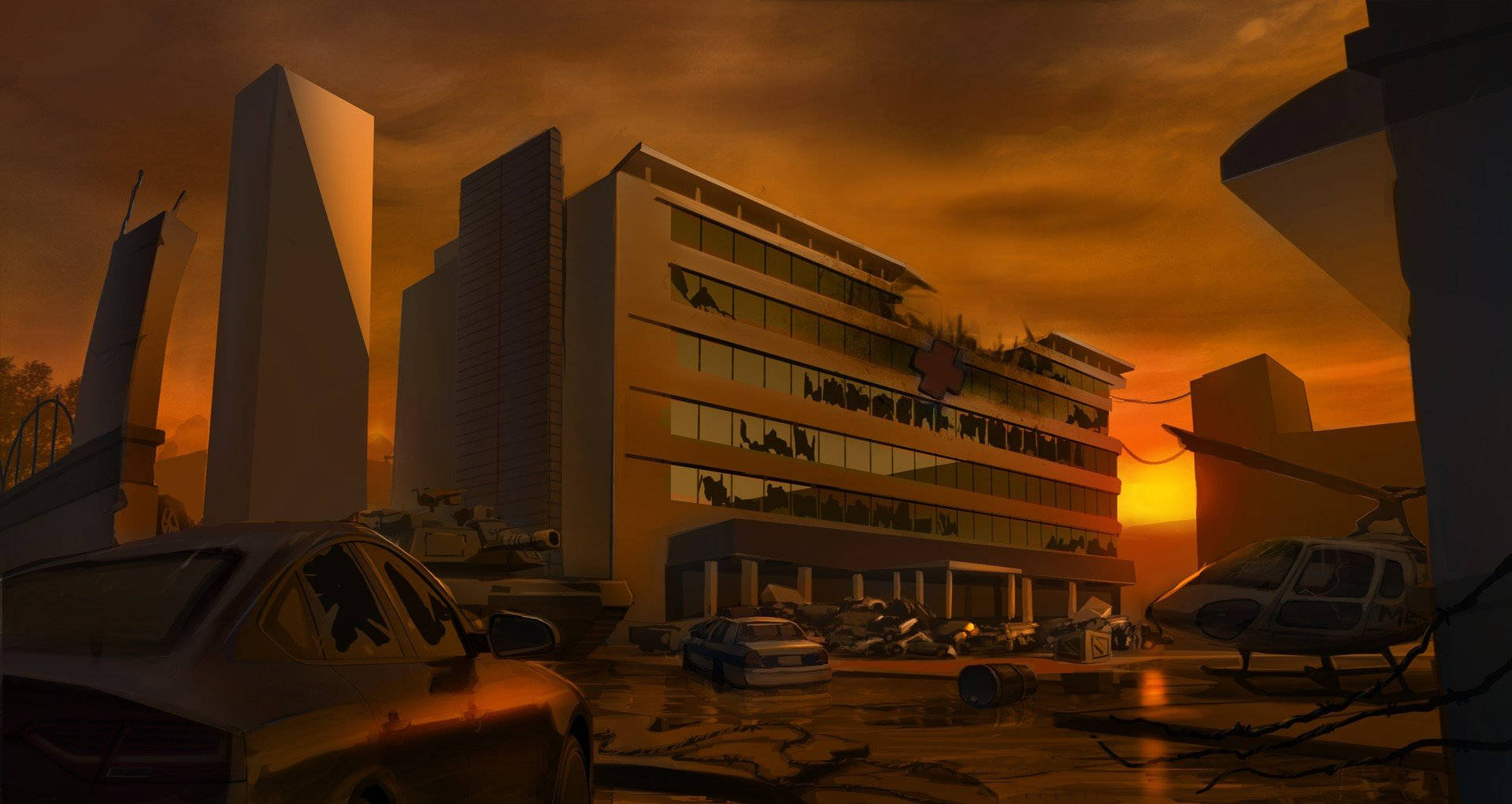 Jengo la Hospitali Iliyokuwa na Mazingira ya Dystopian Picha ya Ukuta