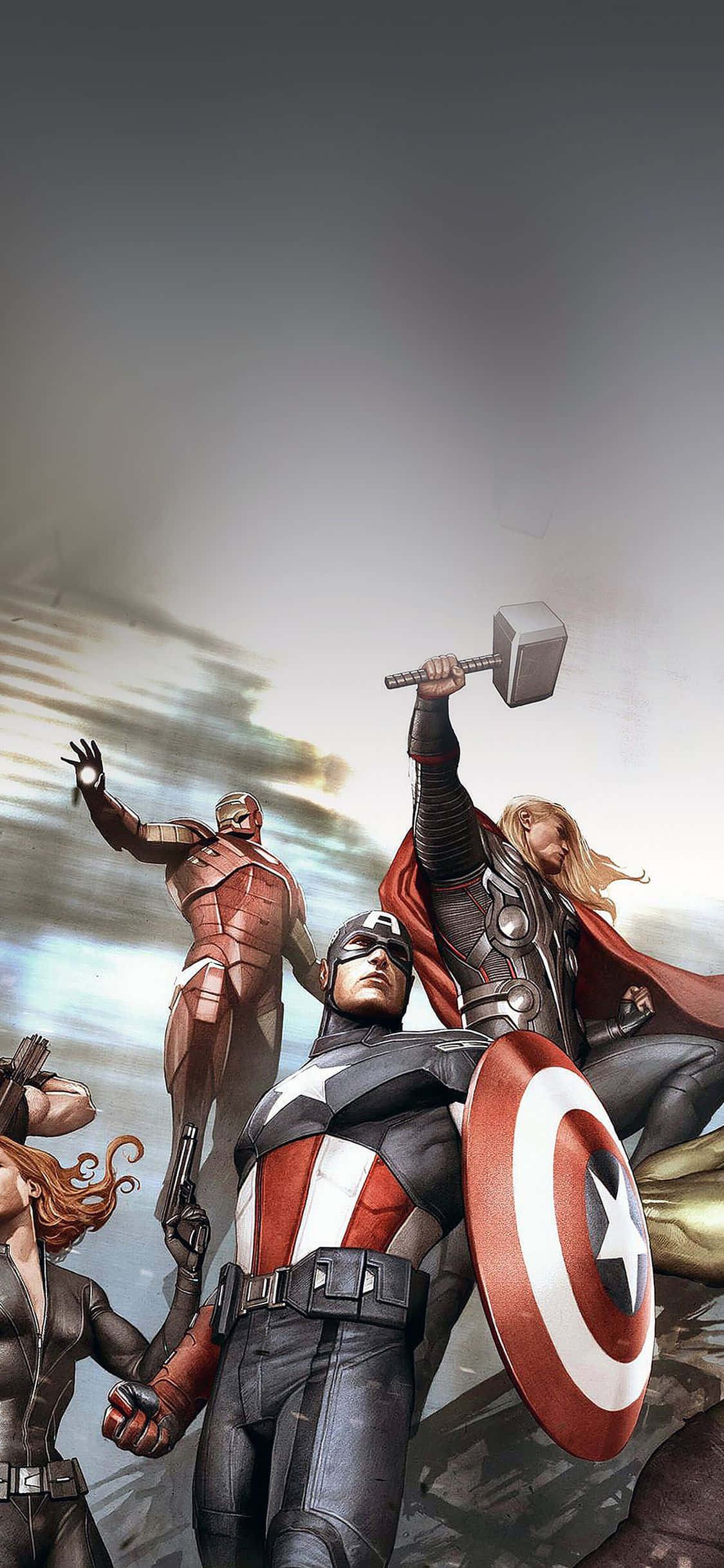 Jihami na wababa wa dunia na iPhone Xs Marvel's Avengers mpya. Picha ya Ukuta