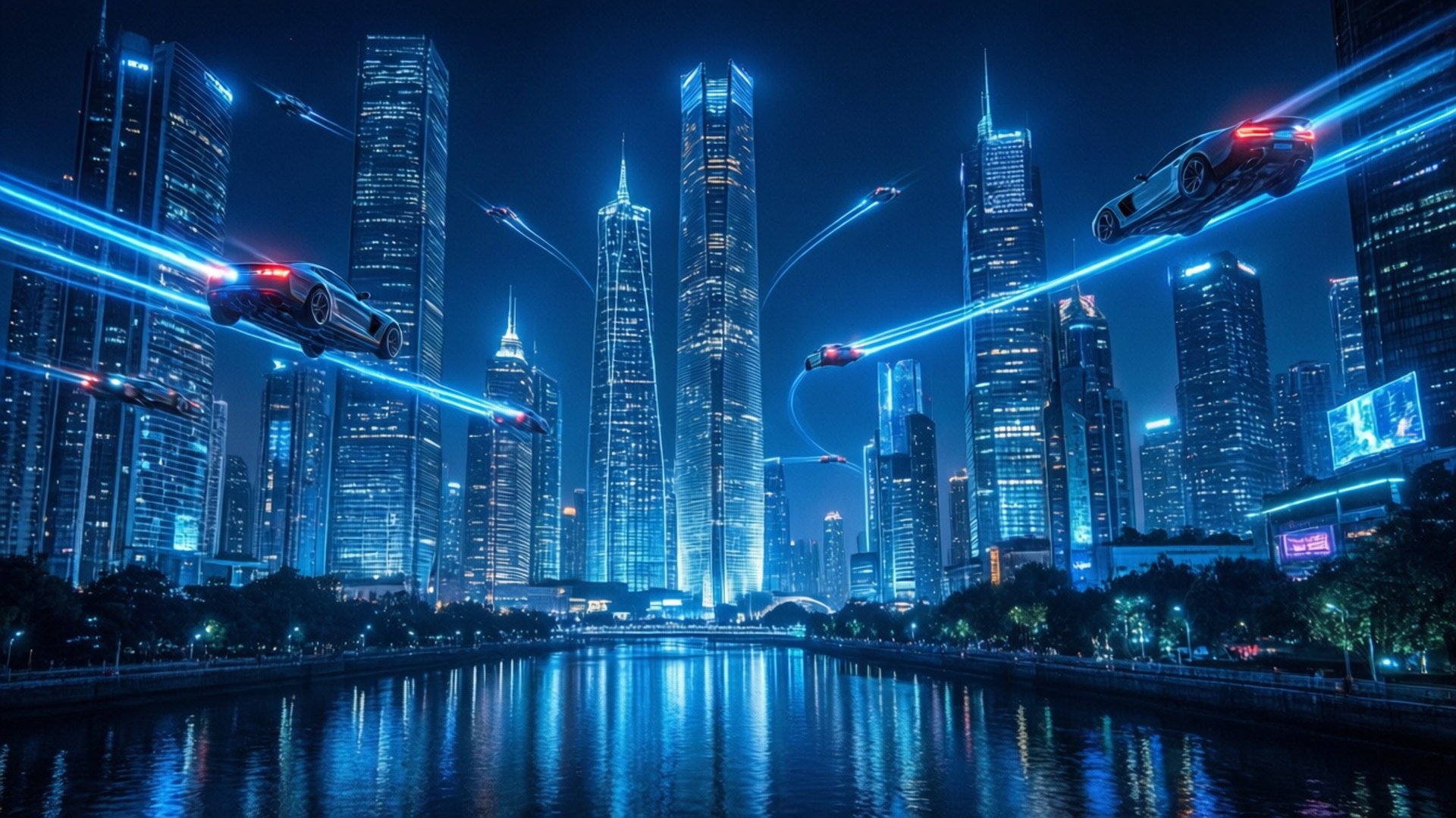 Jiji la Cyber Blue la Neon Picha ya Ukuta