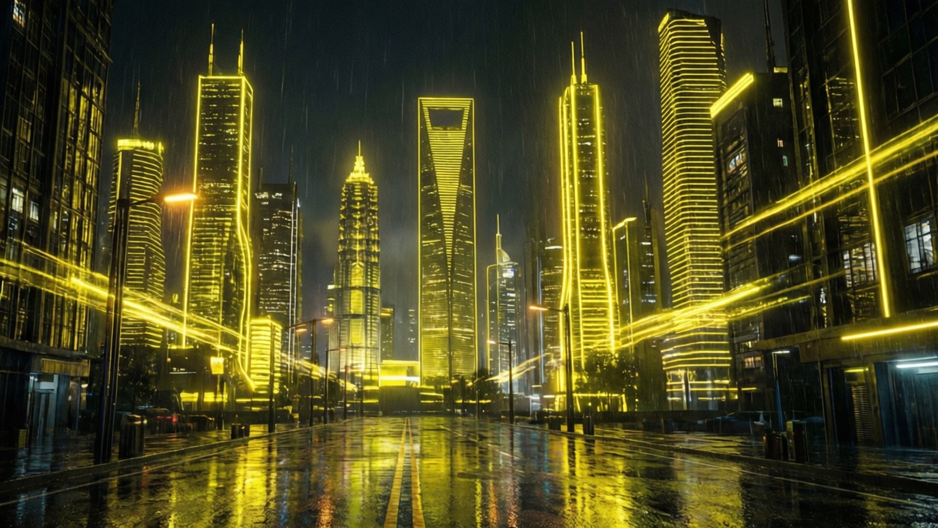 Jiji la Cyberpunk la Neon ya Njano Picha ya Ukuta