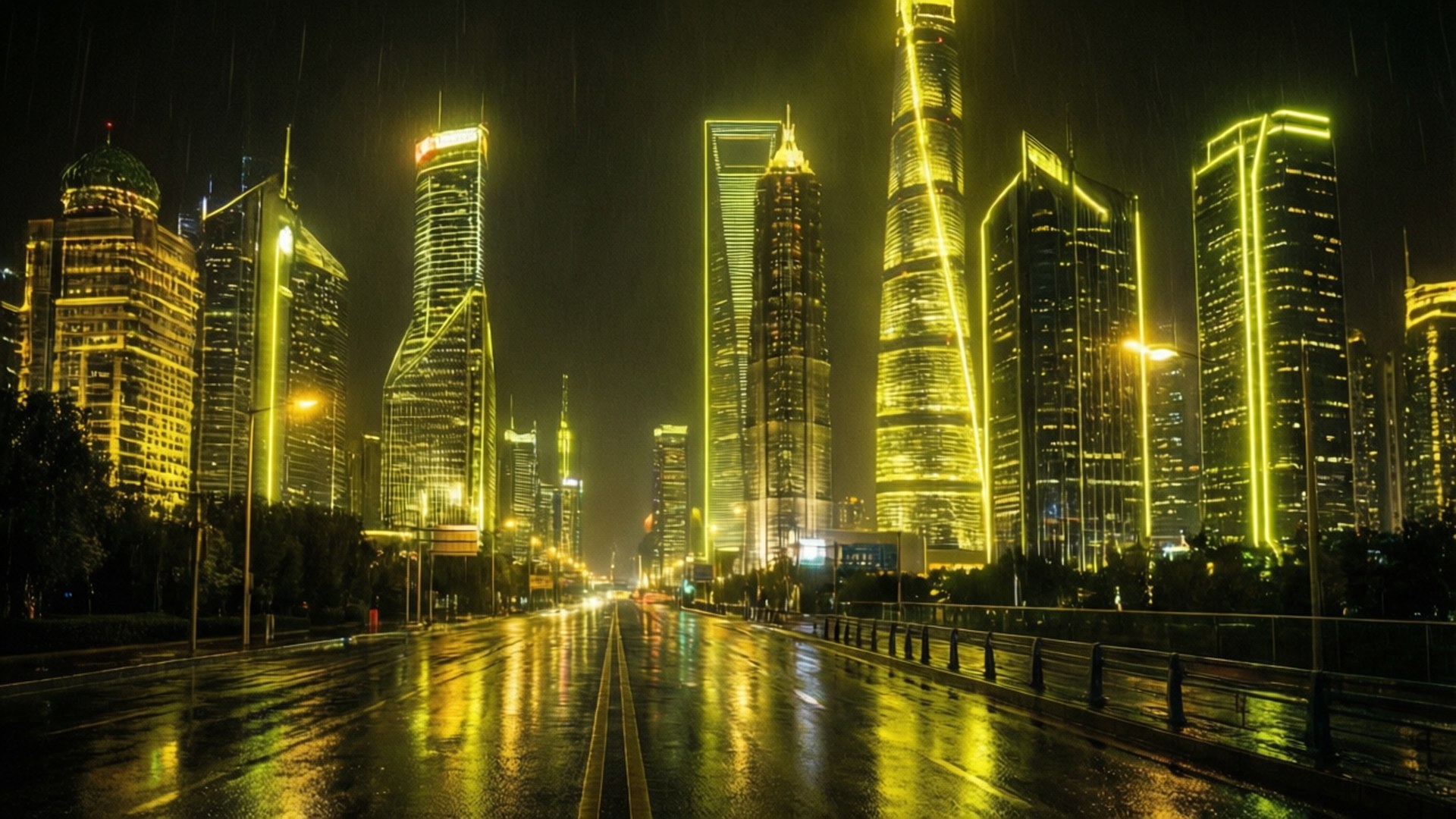 Jiji la Cyberpunk la Neon ya Njano Picha ya Ukuta