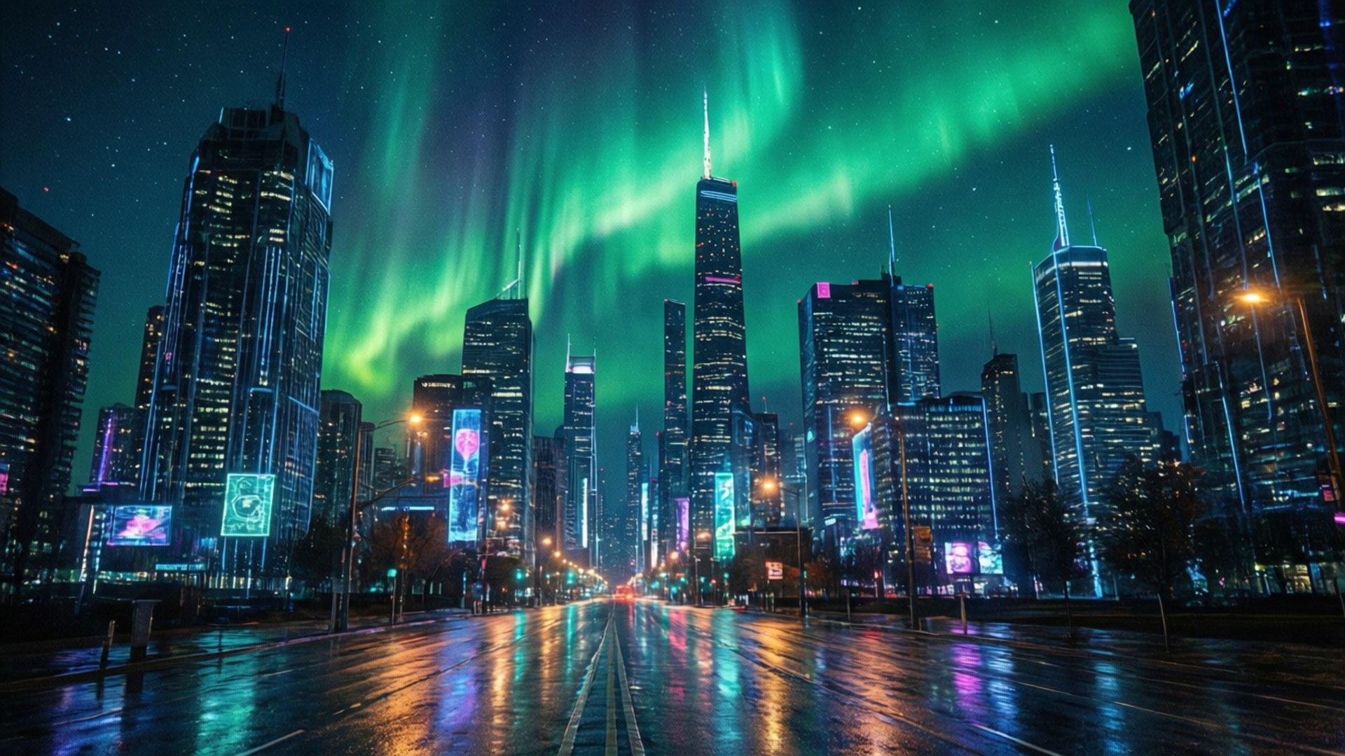Jiji la Neon Aurora ya Kijani Picha ya Ukuta