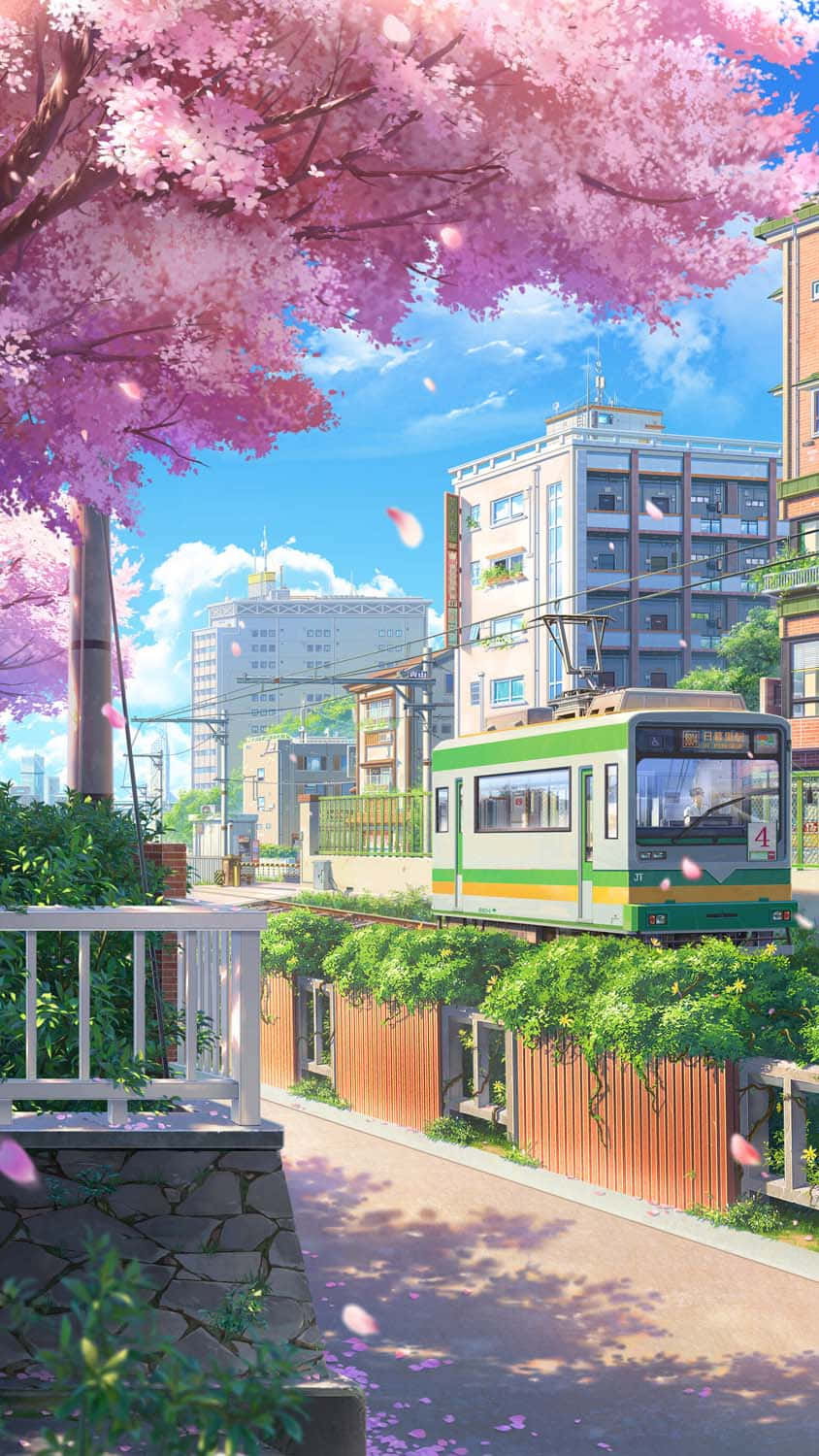 Jiji la Tokyo la Anime na Mti wa Maua ya Cherry Picha ya Ukuta