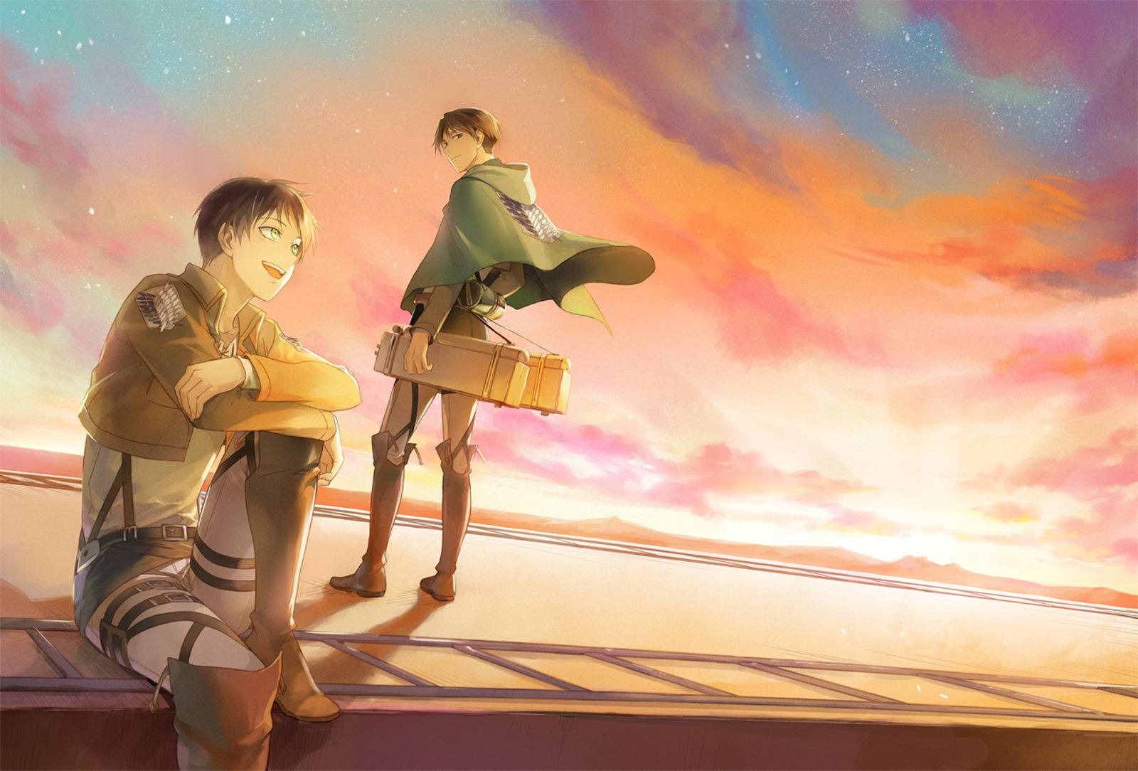Jozi shujaa, Eren na Levi, wa Attack on Titan wanapumzika katikati ya usiku wenye nyota. Picha ya Ukuta