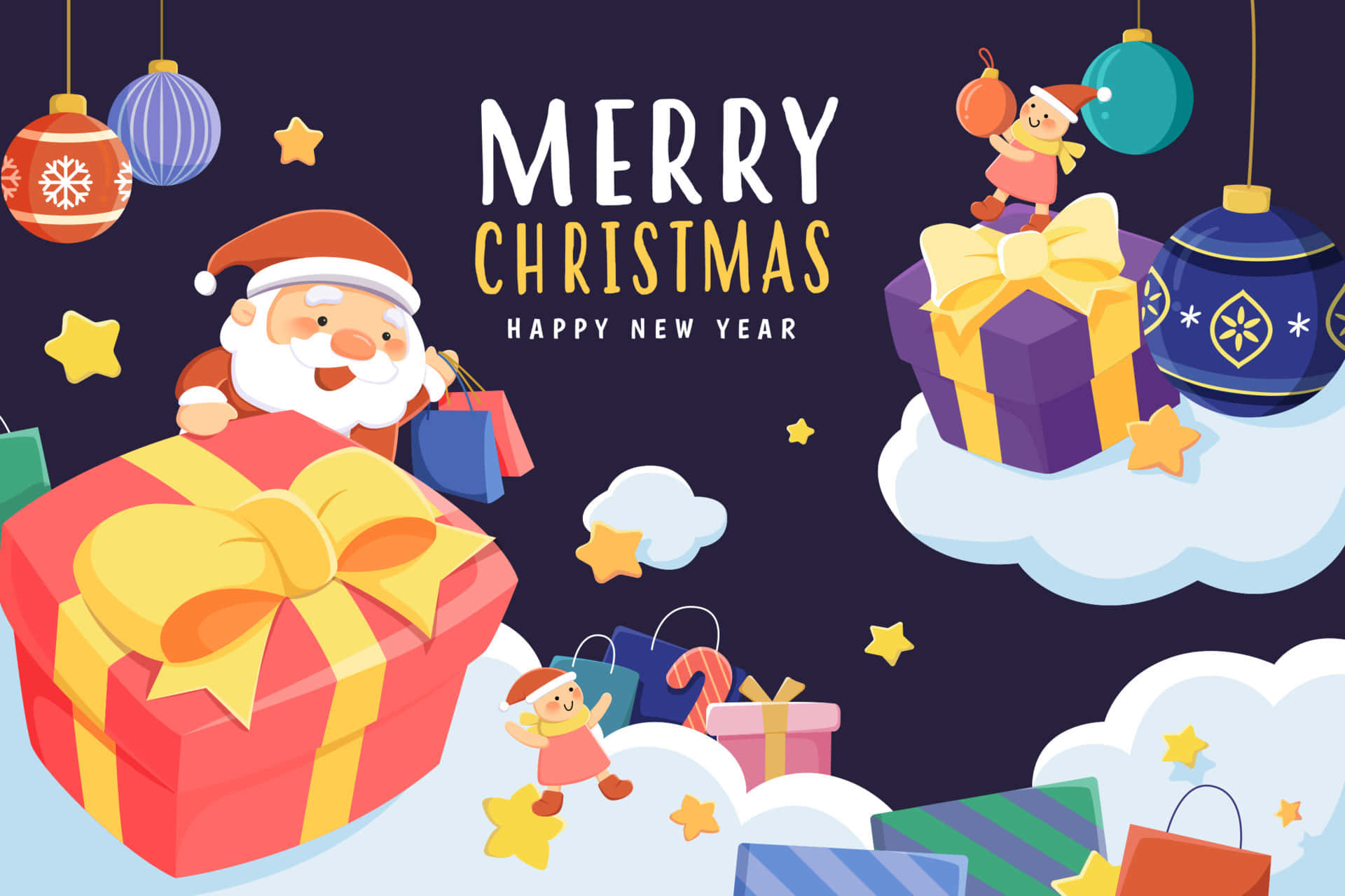 Kadi ya Salamu yenye Vichaka vya Krismasi, Santa, na Zawadi Picha ya Ukuta