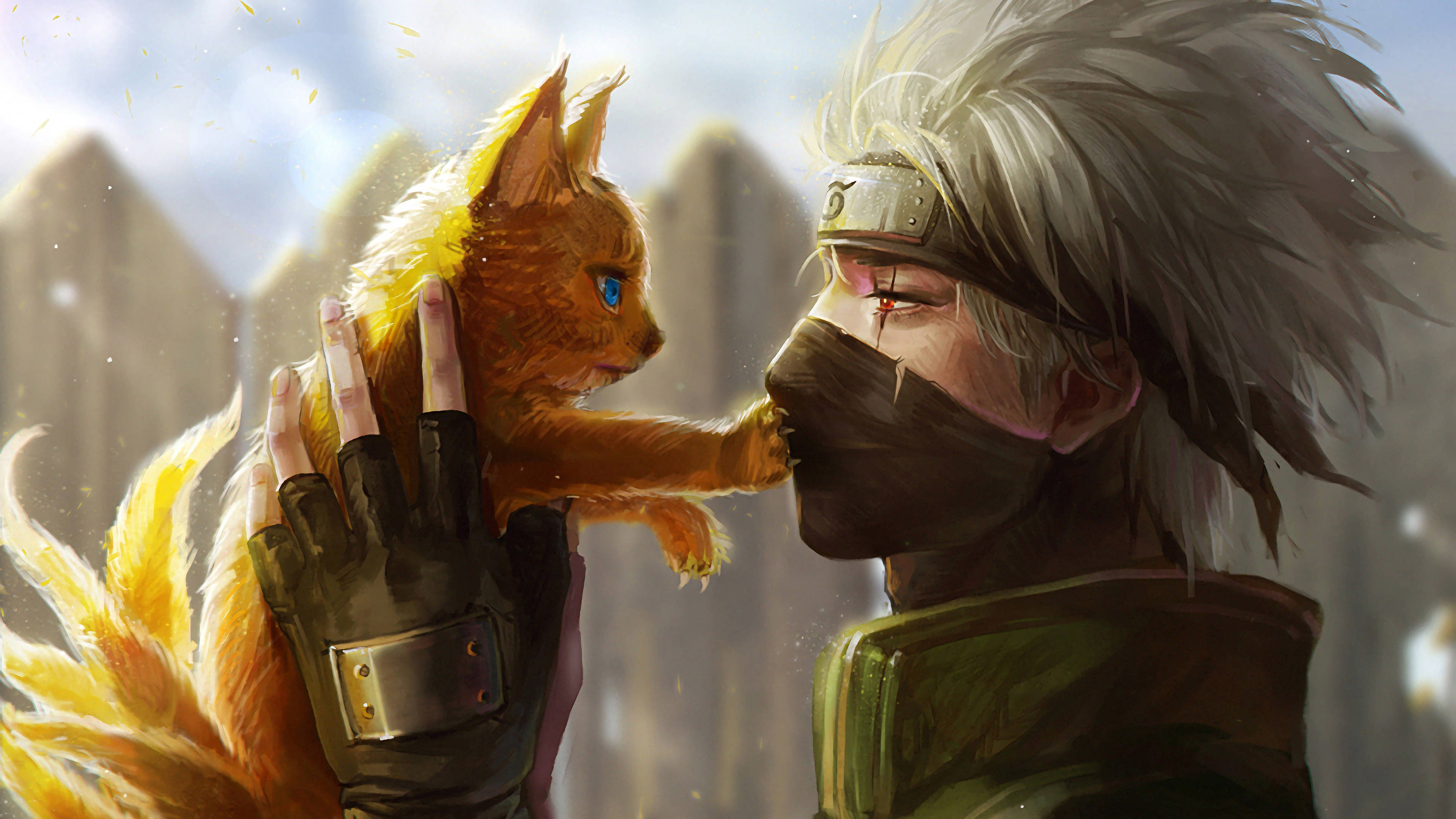 Kakashi 4K Akishika Paka wa Mikia Tisa Picha ya Ukuta