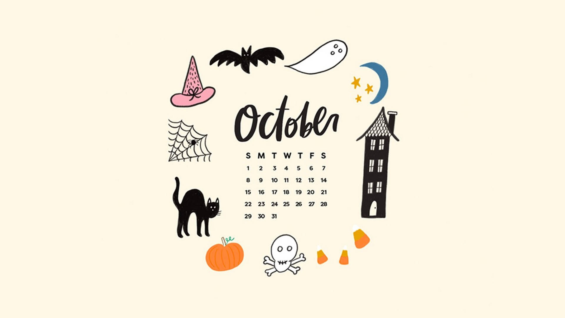Kalenda ya Oktoba ya Siku ya Mwaka ya Halloween yenye Sifa ya Kuwa Mzuri Picha ya Ukuta