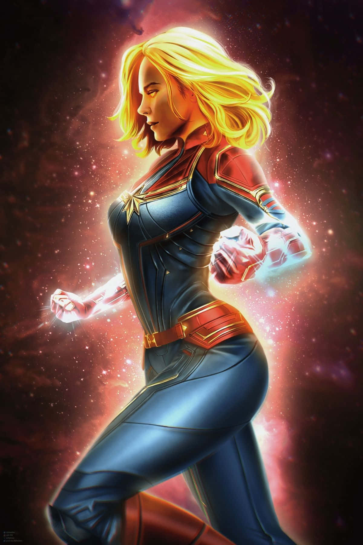 Kapteni Marvel Carol Danvers, shujaa mwenye nguvu za ustawi na uwezo wa kufanya safari ya upepo Picha ya Ukuta