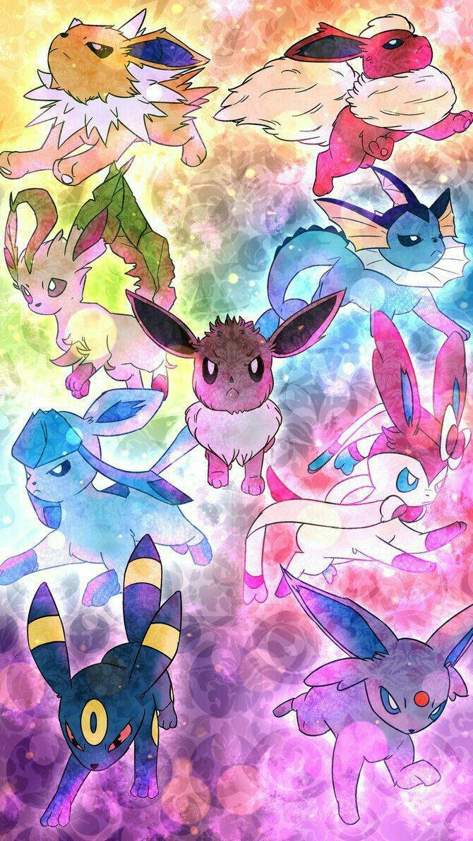 Kazi ya Sanaa ya Dijiti ya Eeveelutions za Kupendeza na Rangi Zinazopendeza Picha ya Ukuta