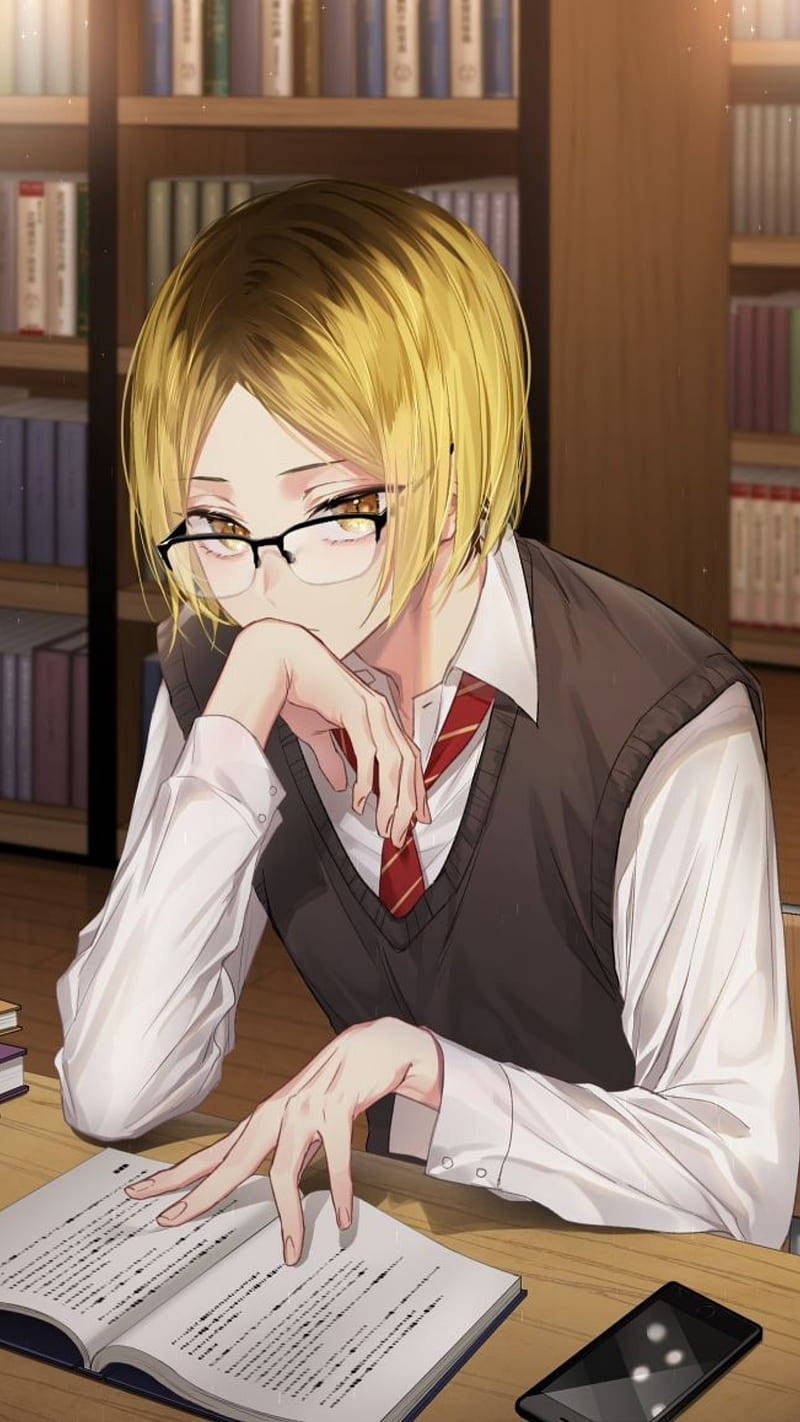 Kenma Akisoma Katika Maktaba Picha ya Ukuta