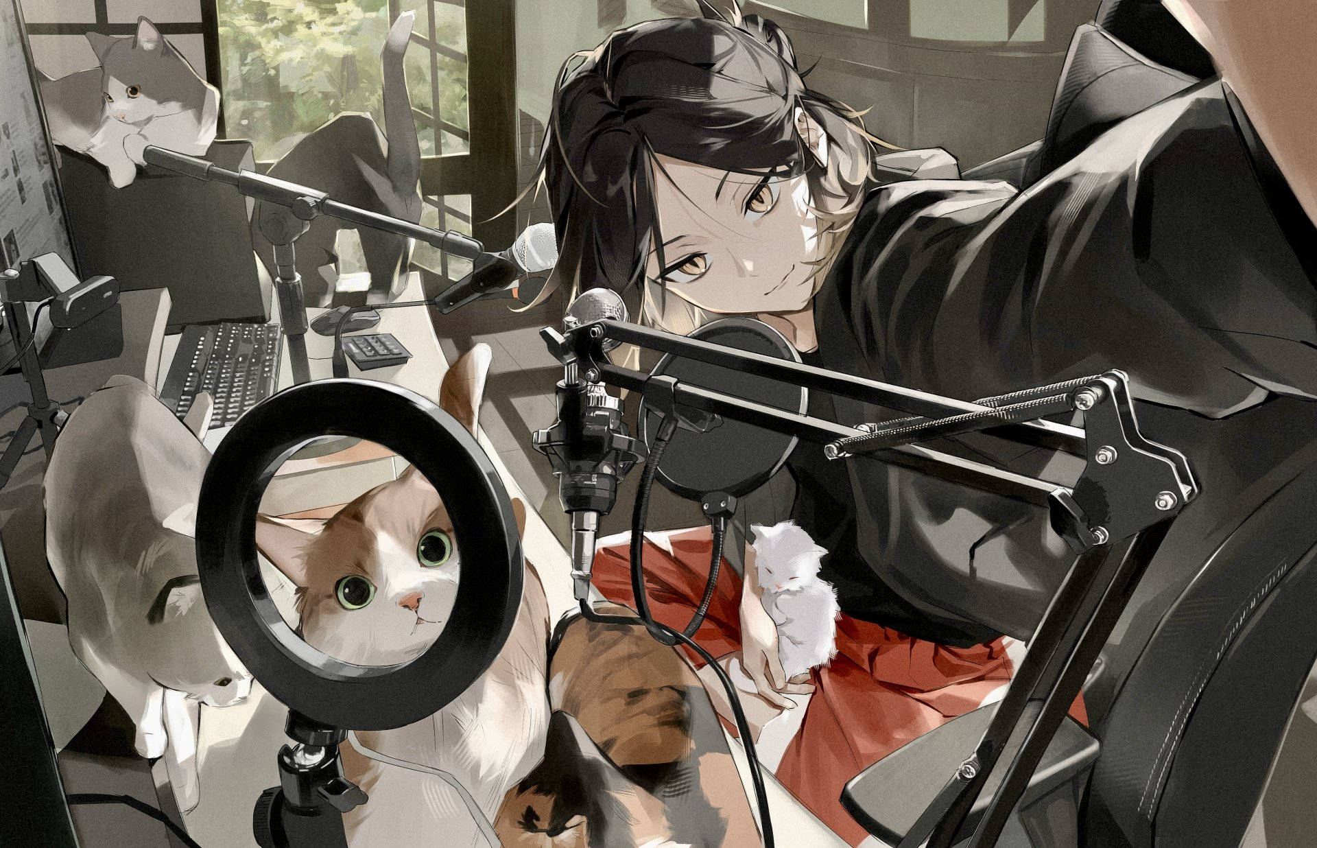 Kenma Pamoja na Paka Juu ya Dawati Lake Picha ya Ukuta