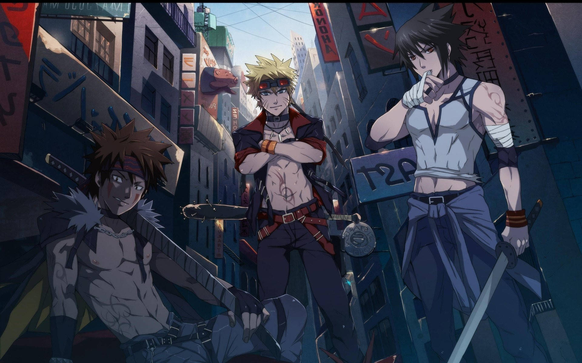 Kiba Akiwa na Naruto na Sasuke Picha ya Ukuta
