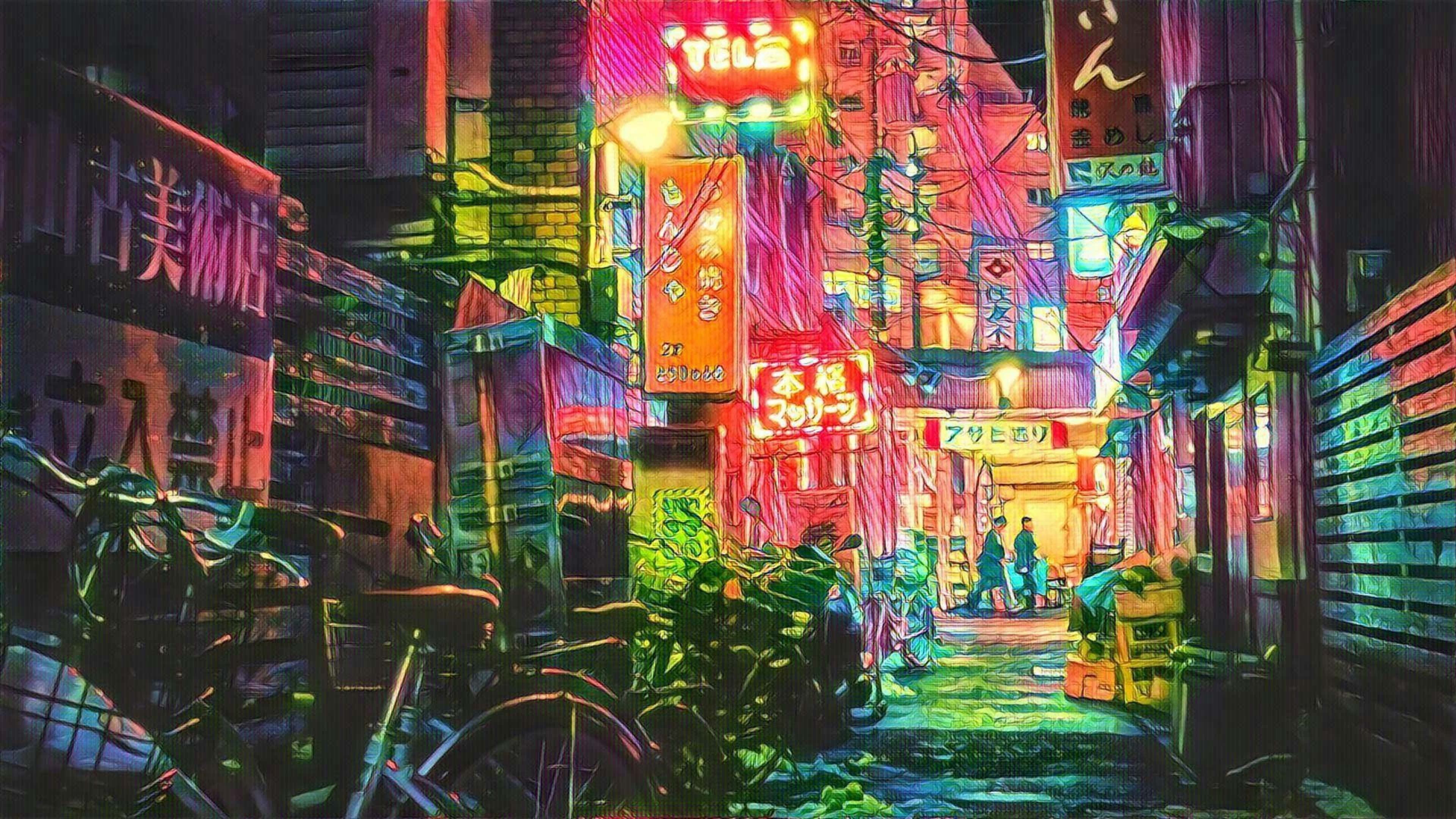 Kichochoro chenye taa za neon na baiskeli na ishara Picha ya Ukuta