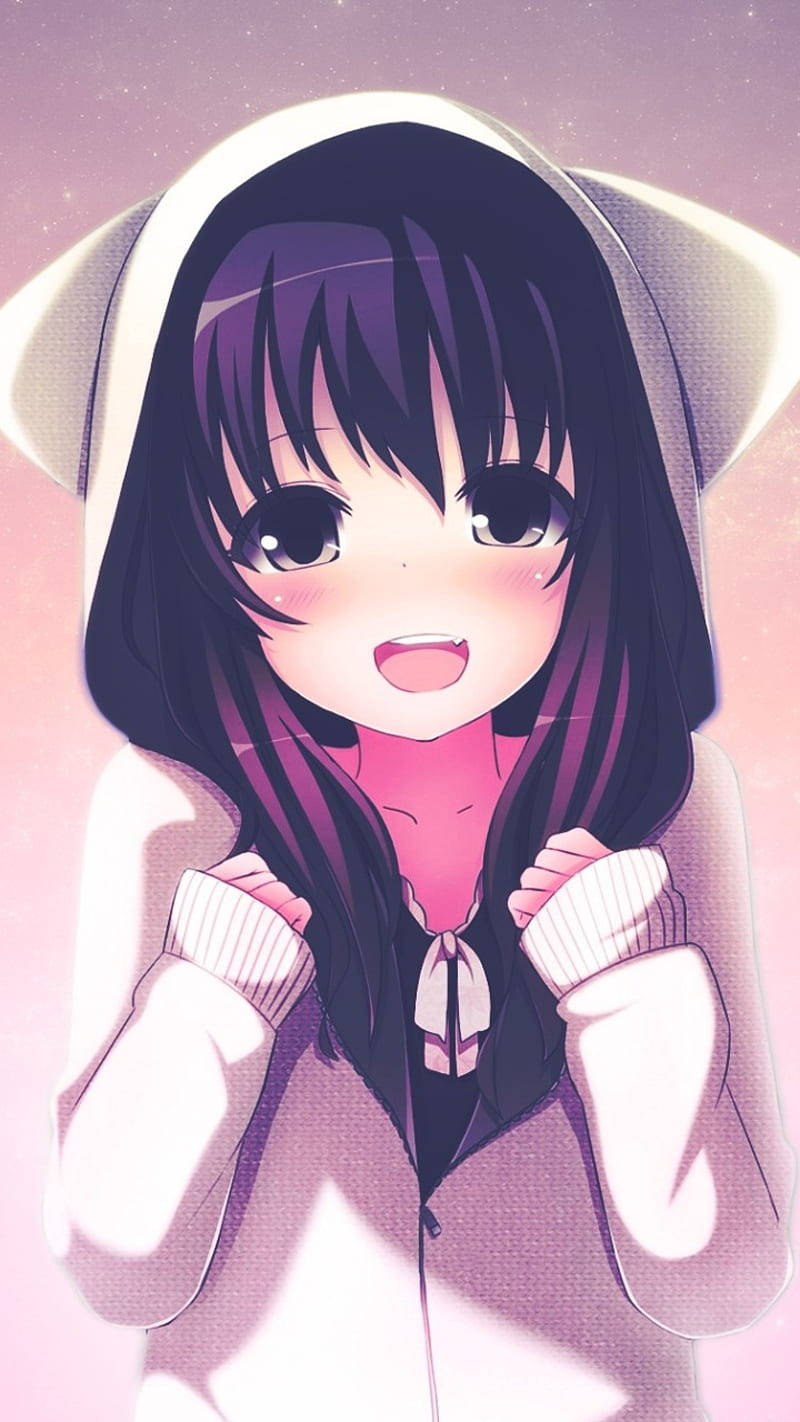 Kichwa: Msichana Mrembo wa Kawaii Amevaa Hoodie Picha ya Ukuta
