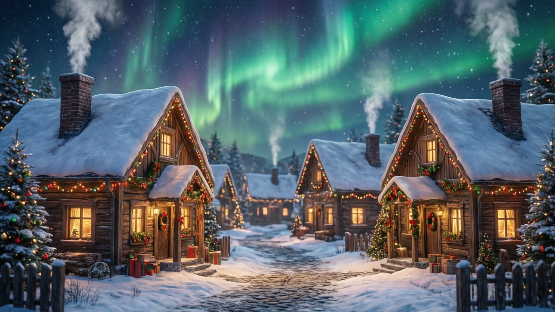 Kijiji cha Theluji cha Krismasi cha Kijani Picha ya Ukuta