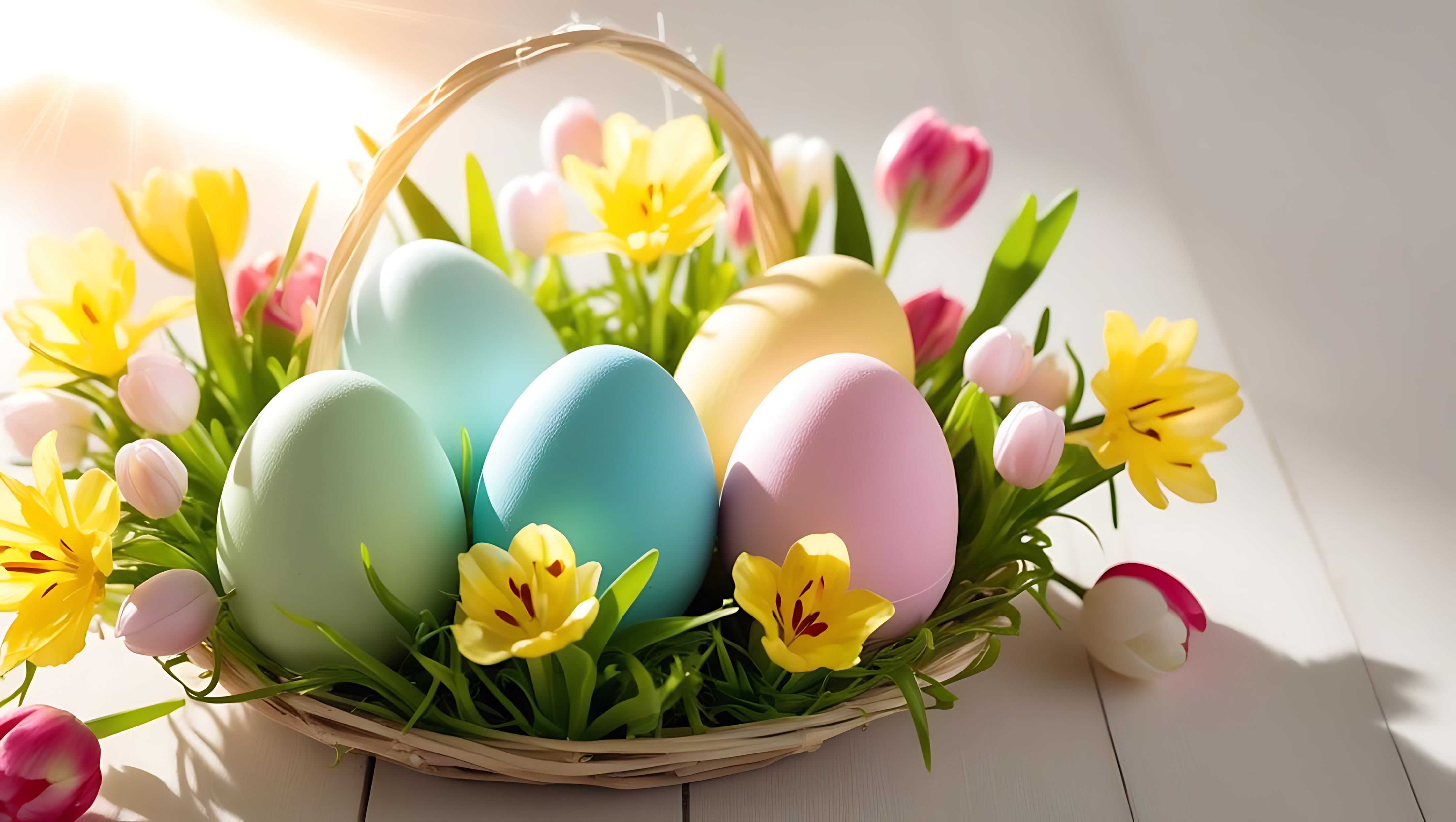 Kikapu cha mayai ya Pasaka na maua ya daffodil Picha ya Ukuta