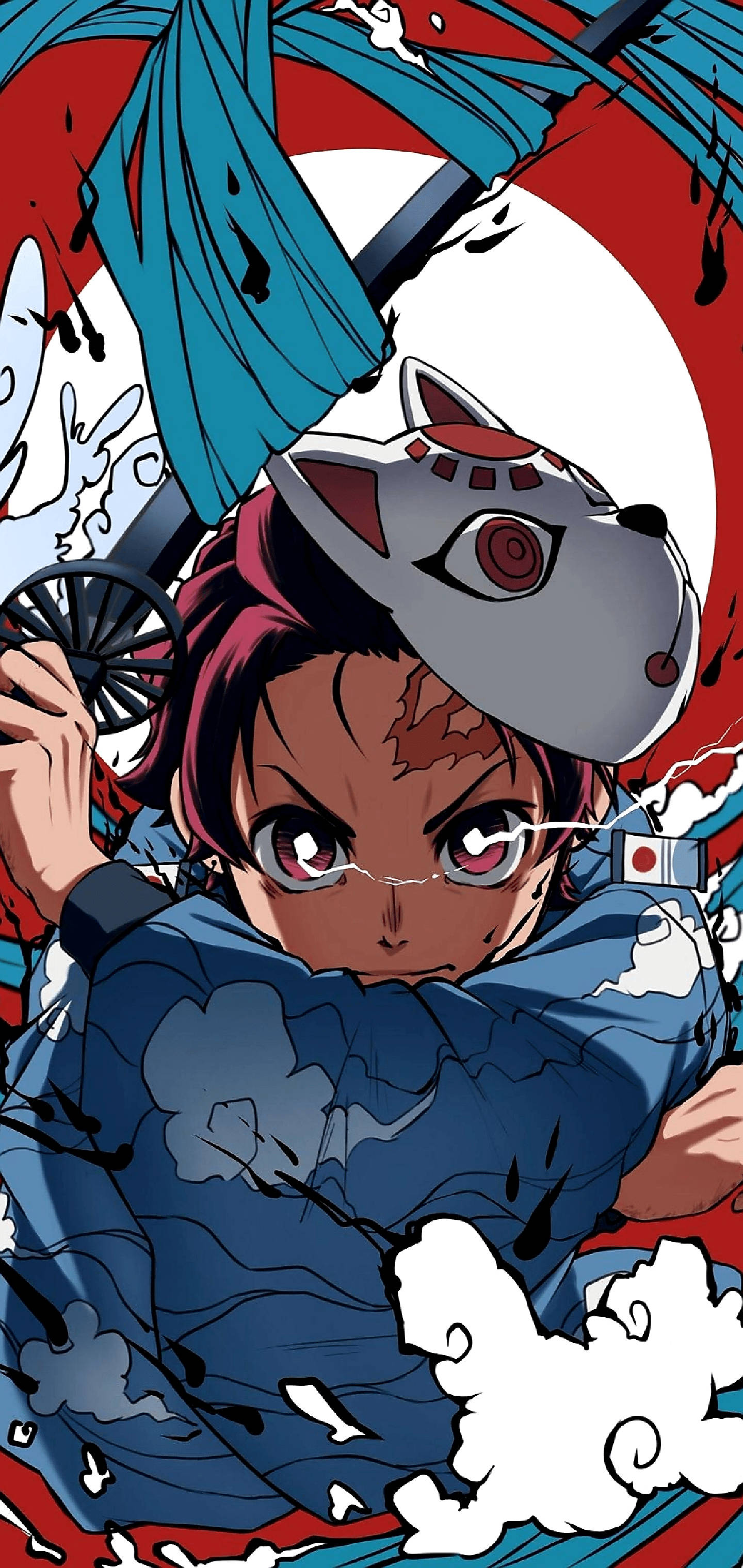 Kinyago cha Tanjiro chenye Rangi Nyororo kutoka Mfululizo wa Demon Slayer Picha ya Ukuta