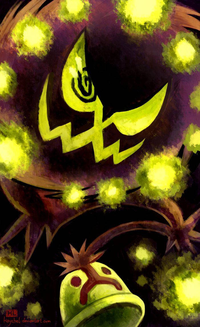 Kipande cha Deviantart: Roho ya Kijani Inayong'aa ya Spiritomb kutoka Pokémon kwenye Vivuli. Picha ya Ukuta
