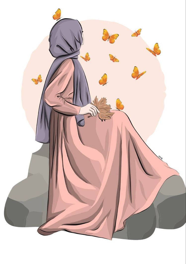 Kipepeo za Rangi ya Chungwa Katuni ya Hijab Picha ya Ukuta