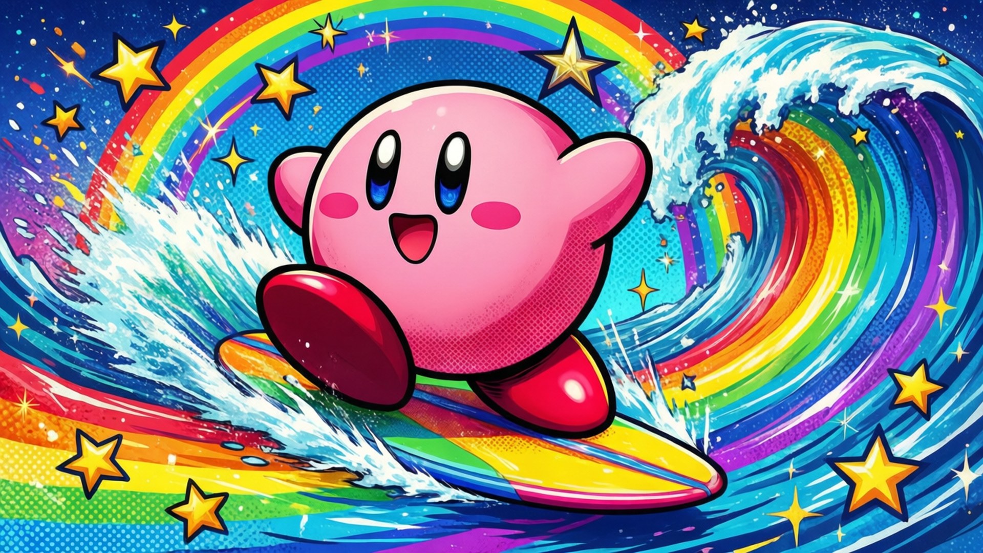 Kirby Mwenye Kupanda Wimbi la Upinde wa Mvua Picha ya Ukuta