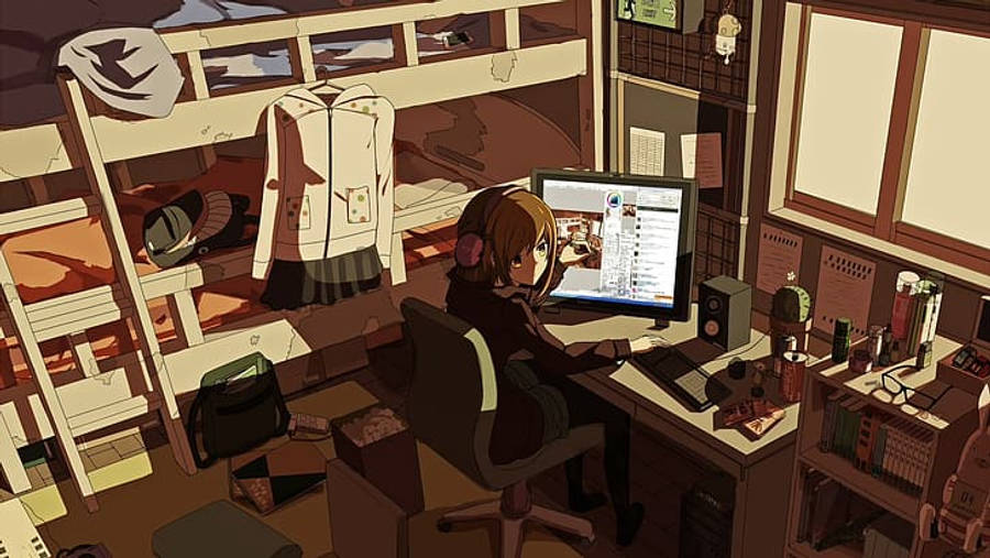 Kituo cha Laptop cha Mwanamke Anime Kinachomshwa na Vivuli Picha ya Ukuta