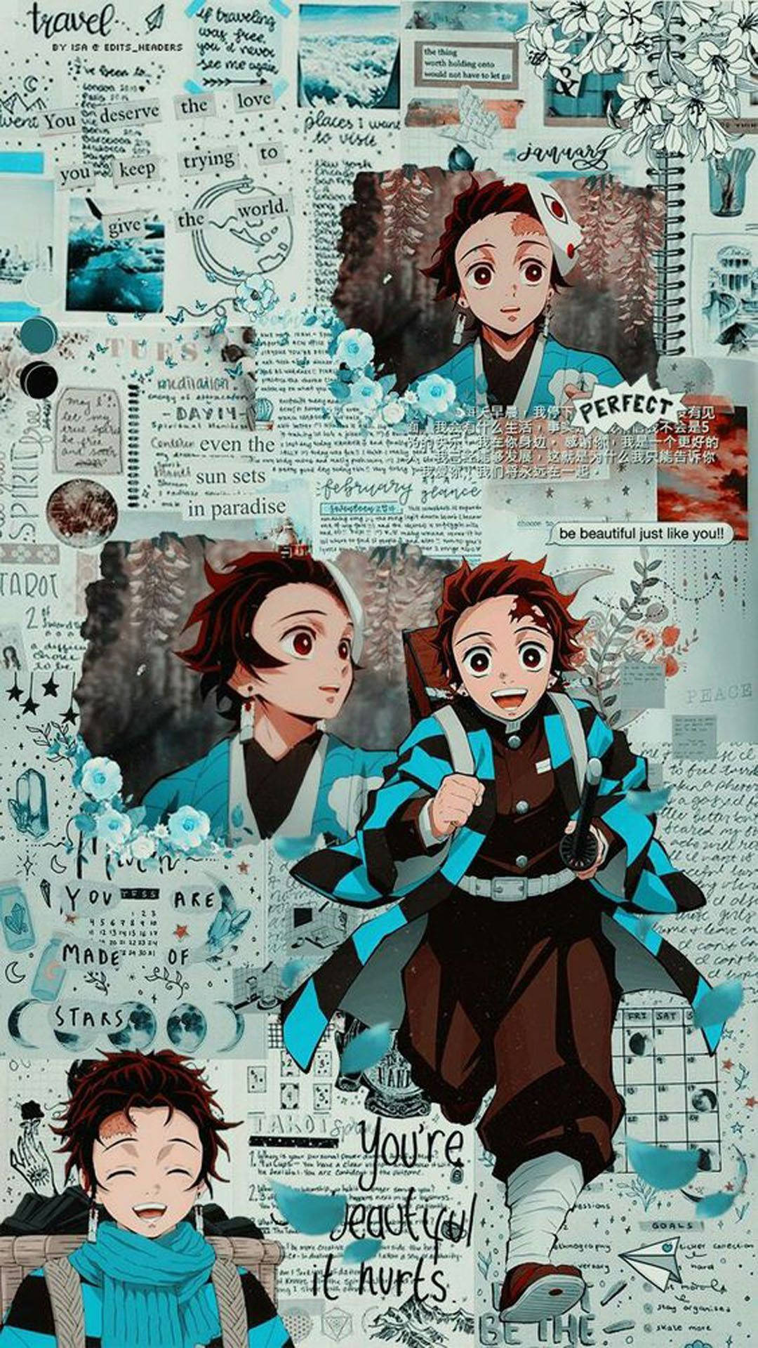 Kola ya Tanjiro Aesthetic Collage ya Demon Slayer kwa iPhone Picha ya Ukuta