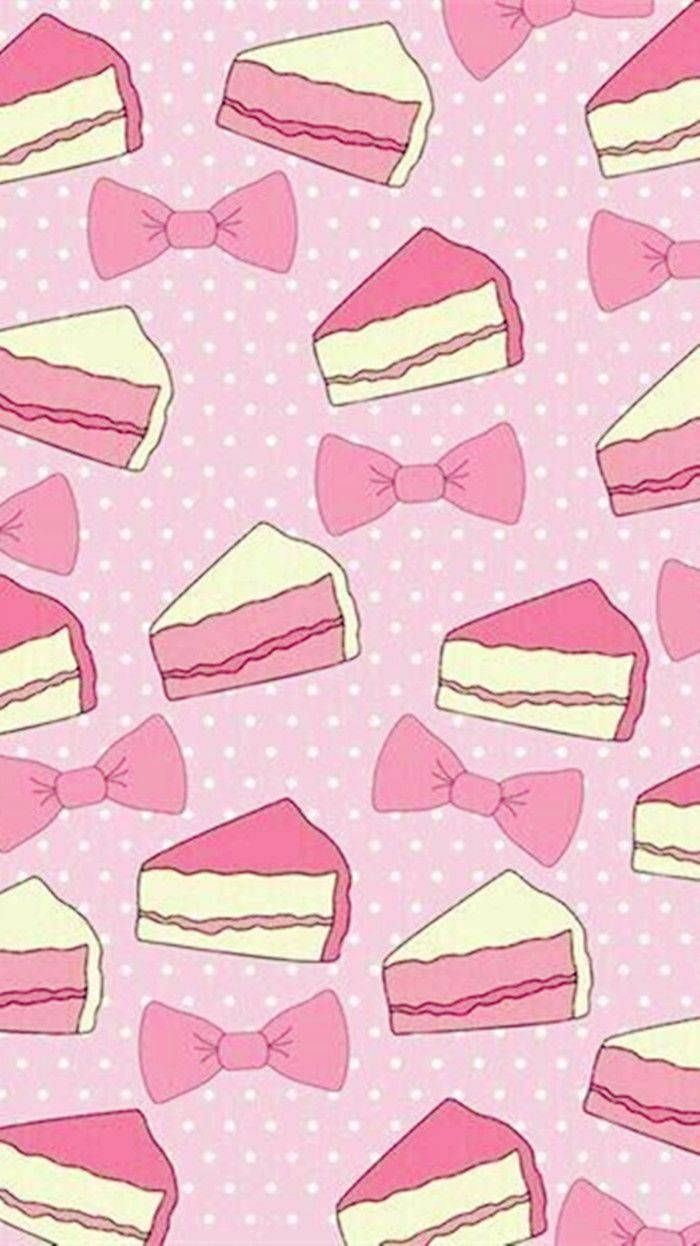 Kolagi ya Keki na Ribboni za Pinki za Kawaii Picha ya Ukuta