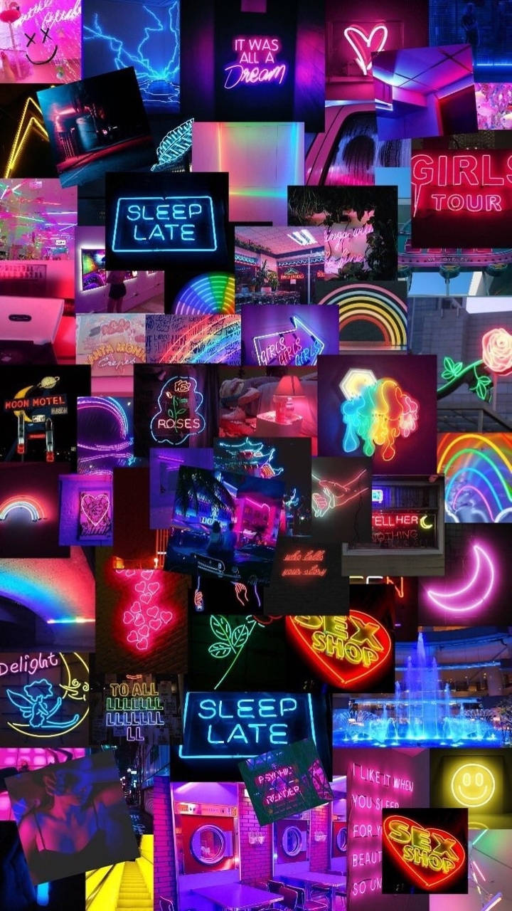 Kolaj ya Alama za Neon Zenye Mwoneko Mzuri Picha ya Ukuta
