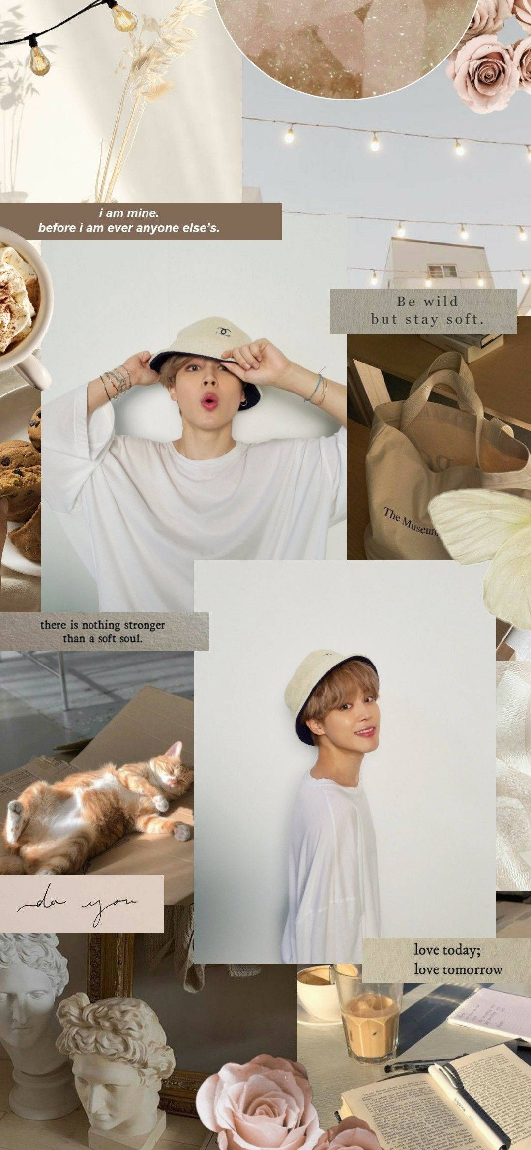 Kolaji ya Beige Aesthetic ya BTS Jimin Picha ya Ukuta