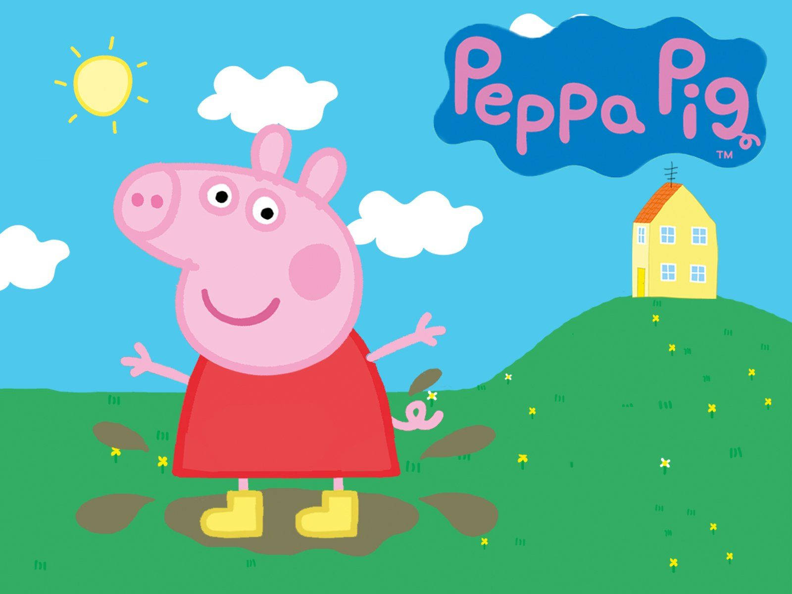 Kompyuta Kibao cha Peppa Pig kwenye Uwanja wa Kijani wenye Matope Picha ya Ukuta