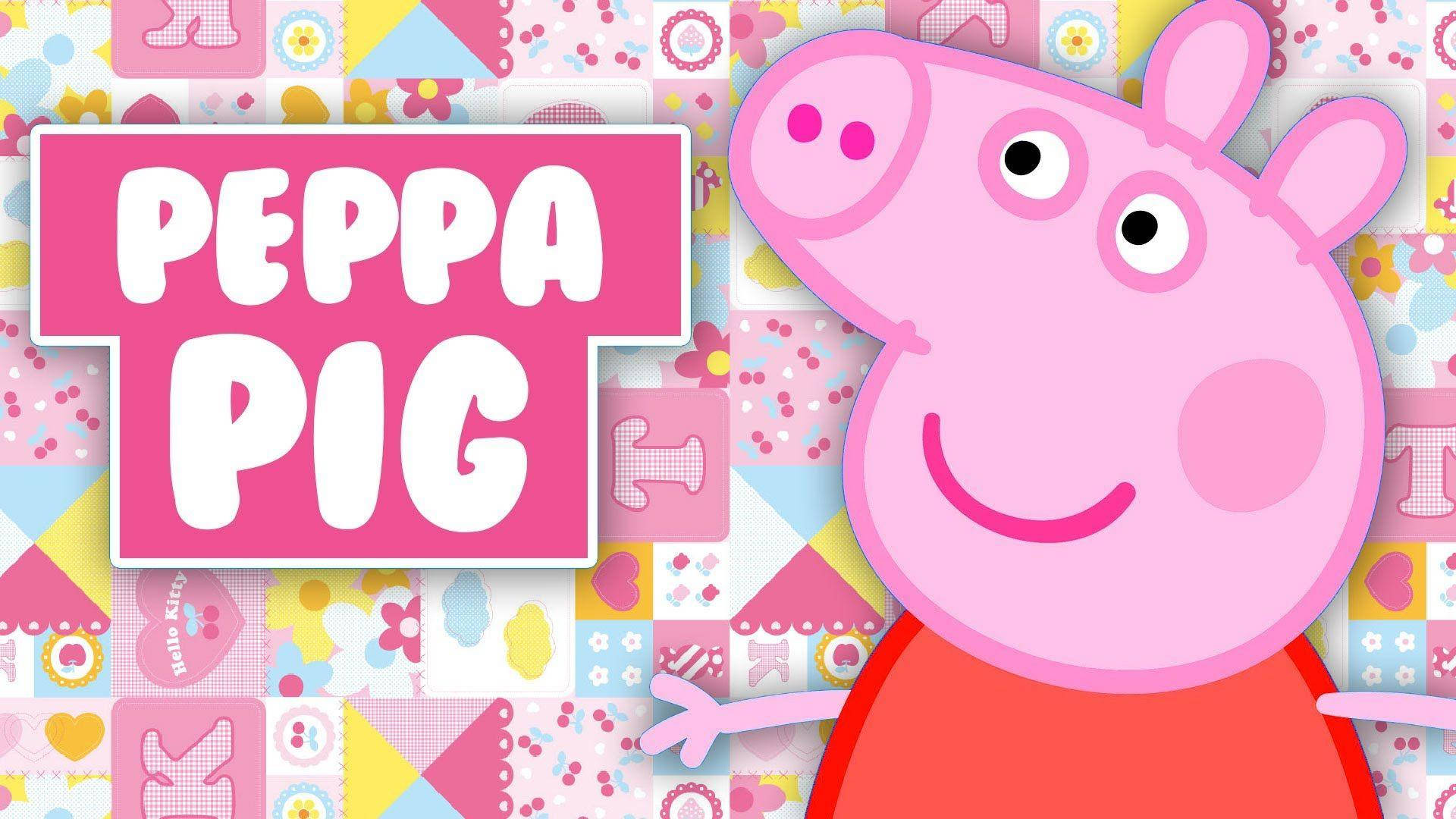 Kompyuta Kibao ya Peppa Pig Inayoonekana kwenye Mandhari ya Hello Kitty Picha ya Ukuta