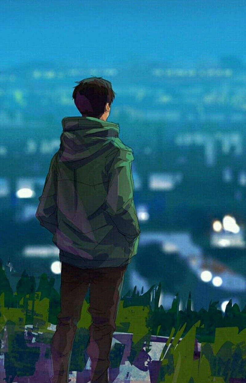 Koti La Kijeshi la Kijani la Mvulana Akiwa Pekee Katika Anime Picha ya Ukuta