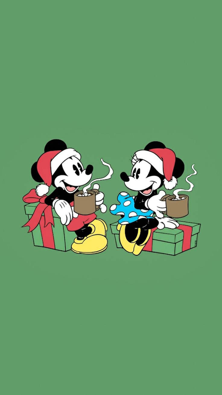 Krismasi ya Disney iPhone Mickey na Minnie Wakinywa Kahawa Picha ya Ukuta