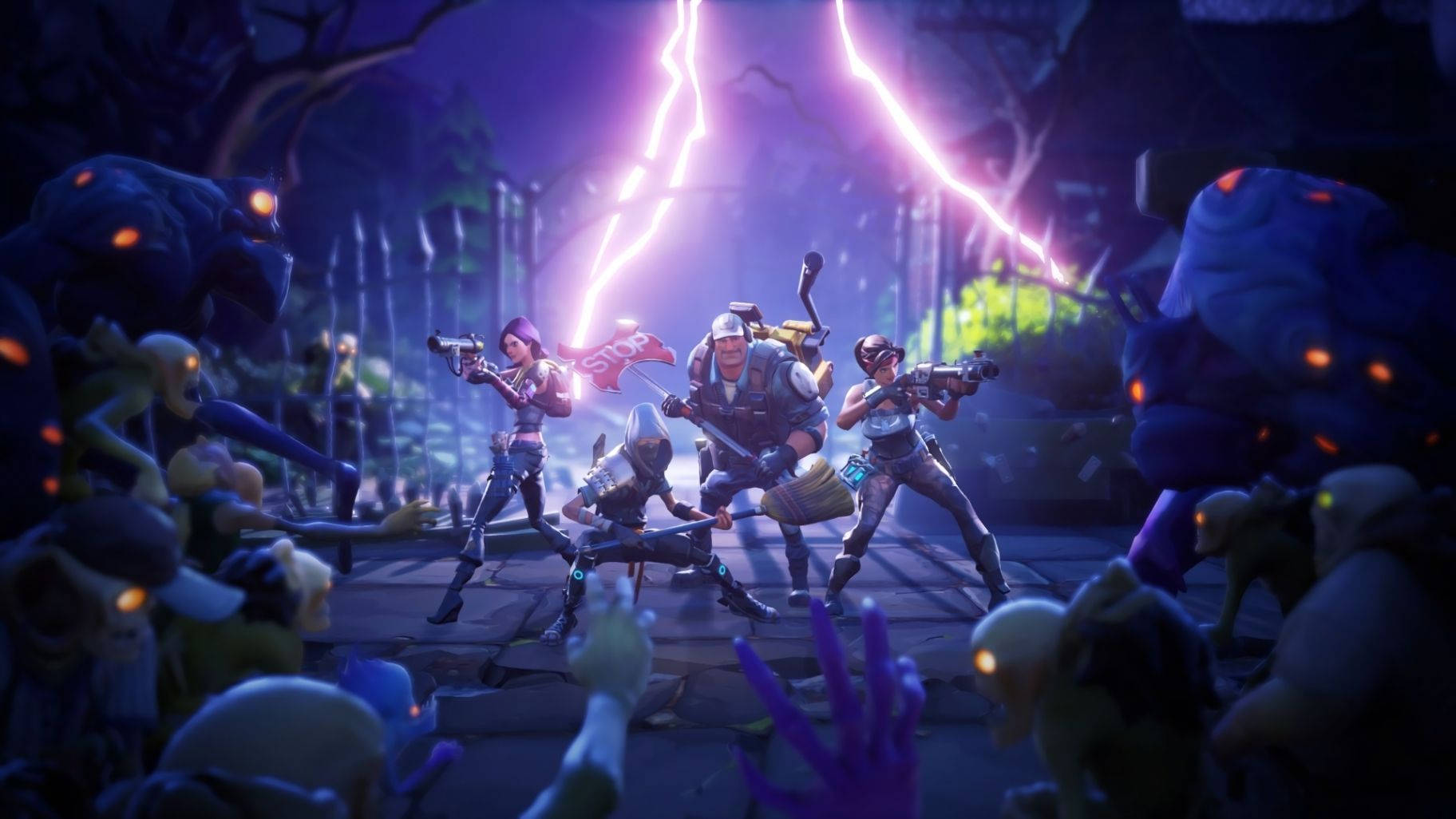 Kuingia kwenye vita vikali vya Fortnite kati ya majeshi ya zombie na vikosi shujaa Picha ya Ukuta